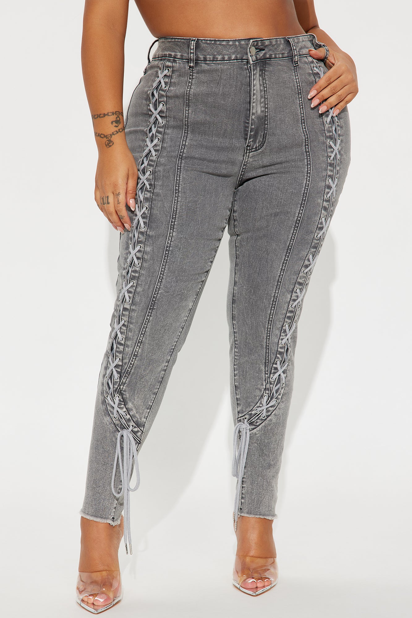 Boo Thang Lace Up Stretch Skinny Jeans - Grey - Image 4