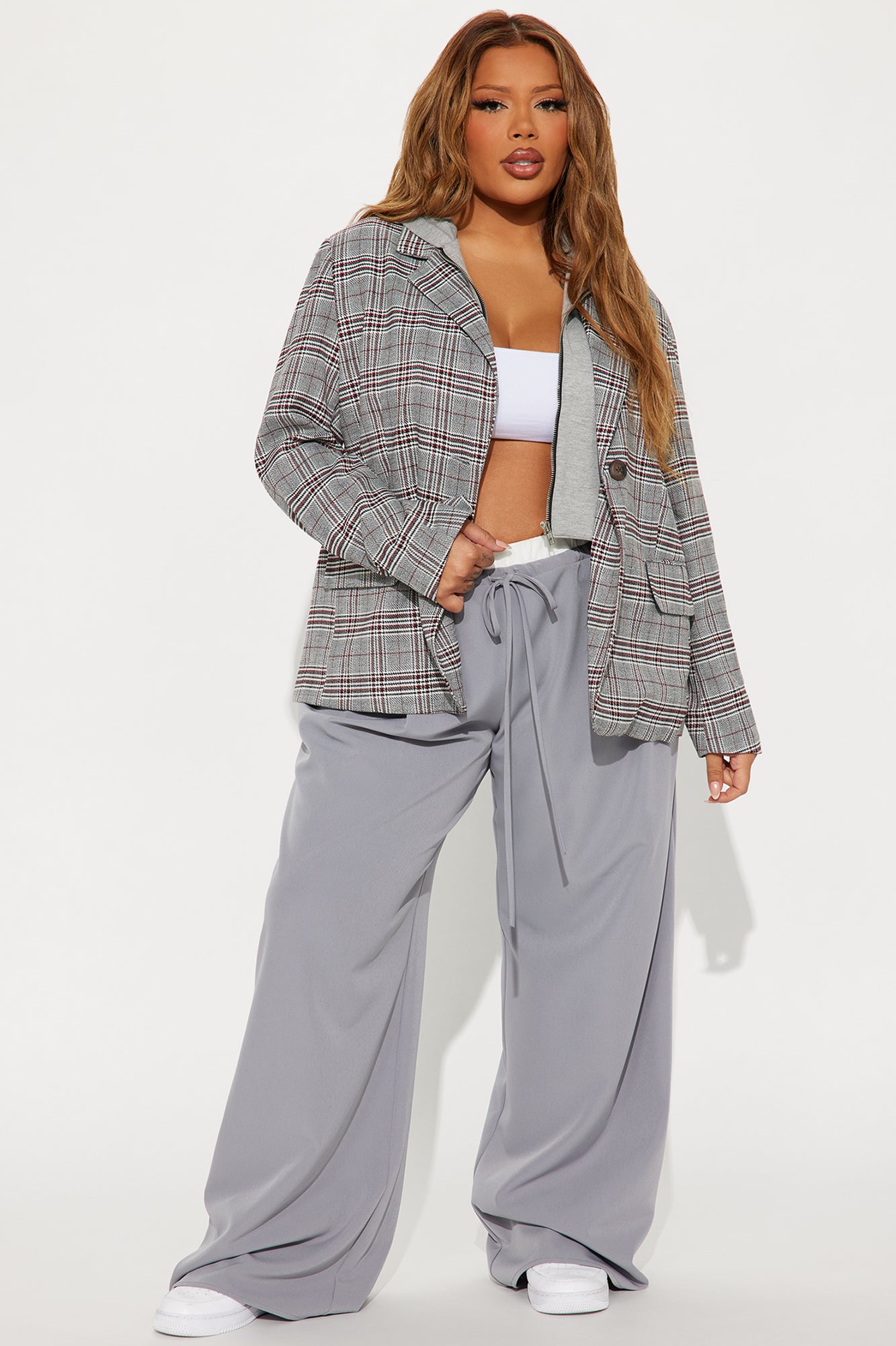 Street Smart Hooded Plaid Blazer - Grey/combo - Image 5