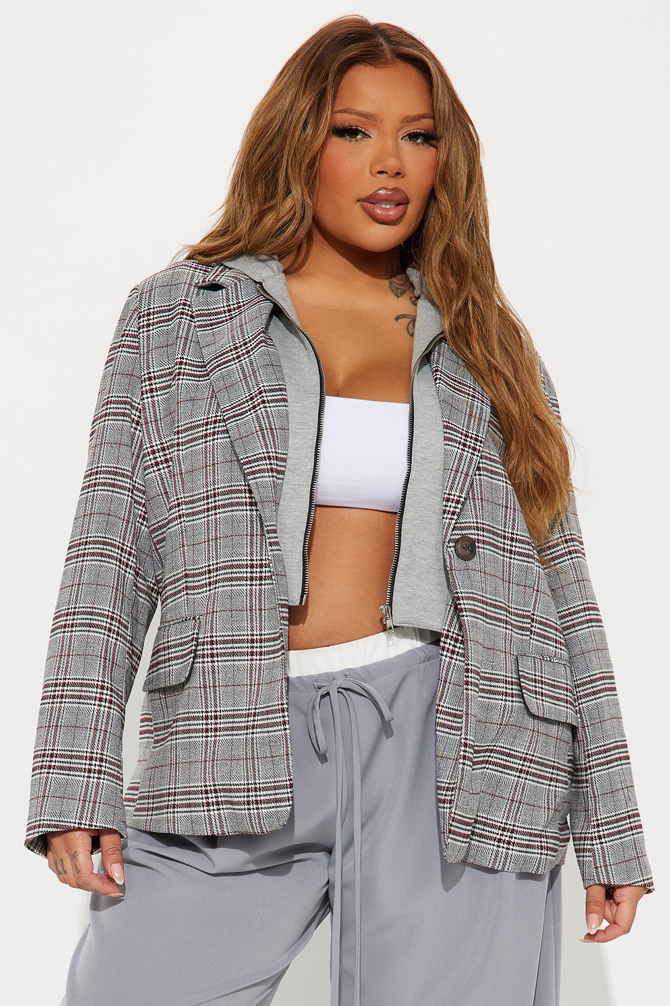Street Smart Hooded Plaid Blazer - Grey/combo - Image 4