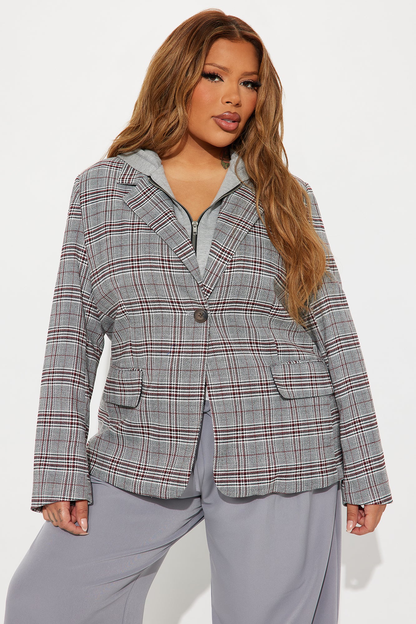 Street Smart Hooded Plaid Blazer - Grey/combo - Image 6