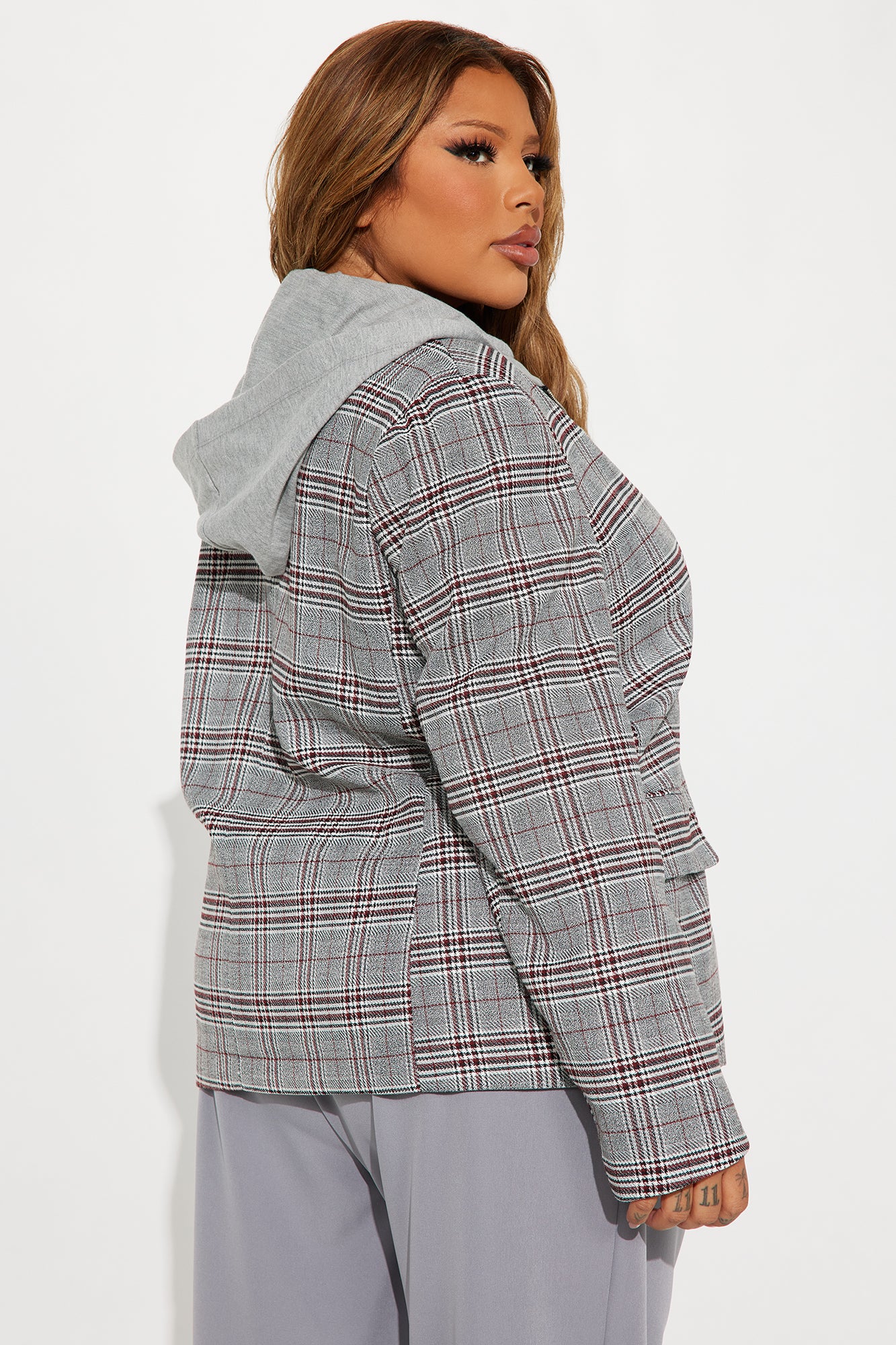 Street Smart Hooded Plaid Blazer - Grey/combo - Image 7