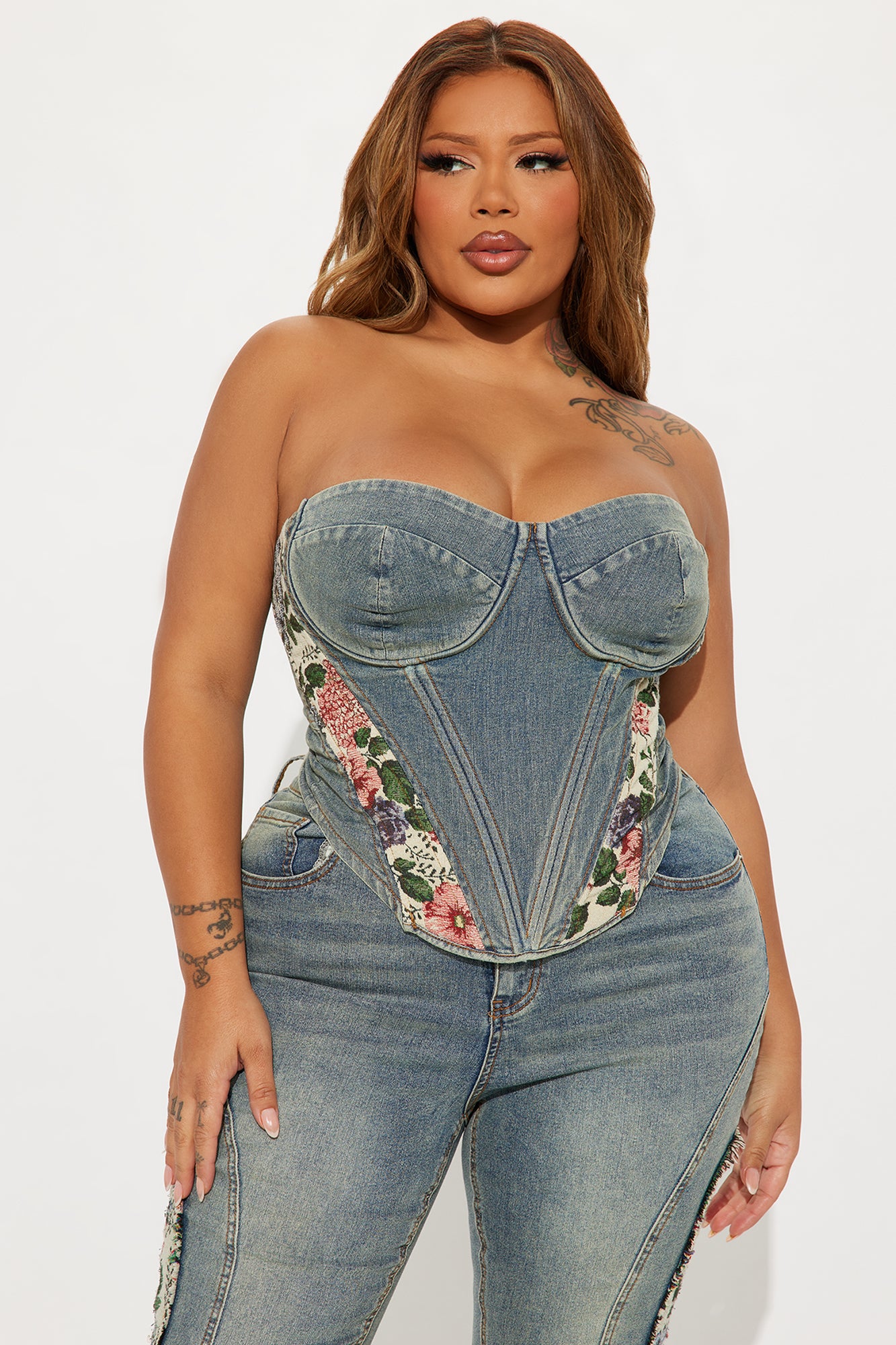 Amari Floral Denim Corset Top - Vintage Wash - Image 4
