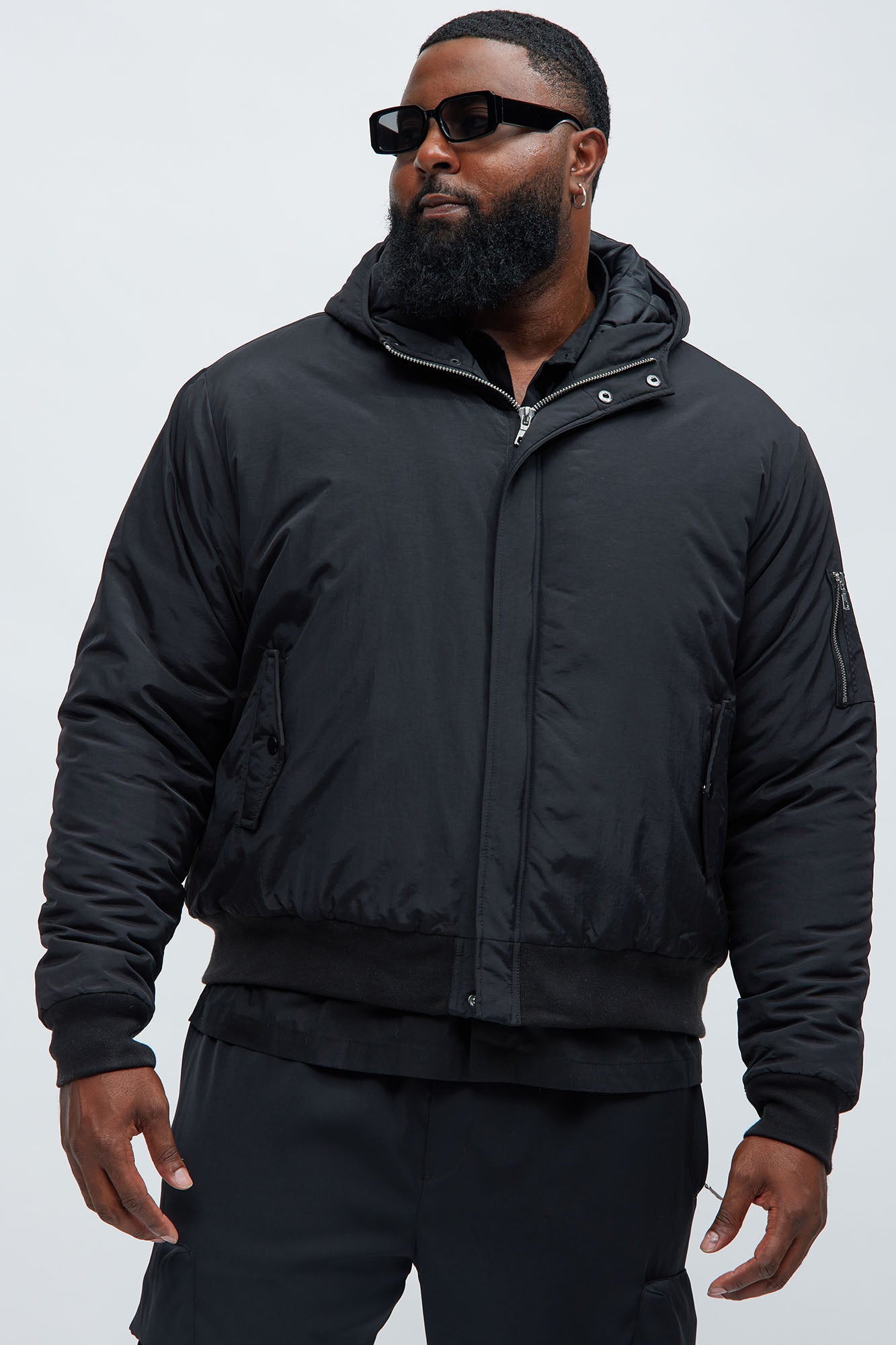 Full Zip Hood Parka Bomber Jacket - Black - Image 6