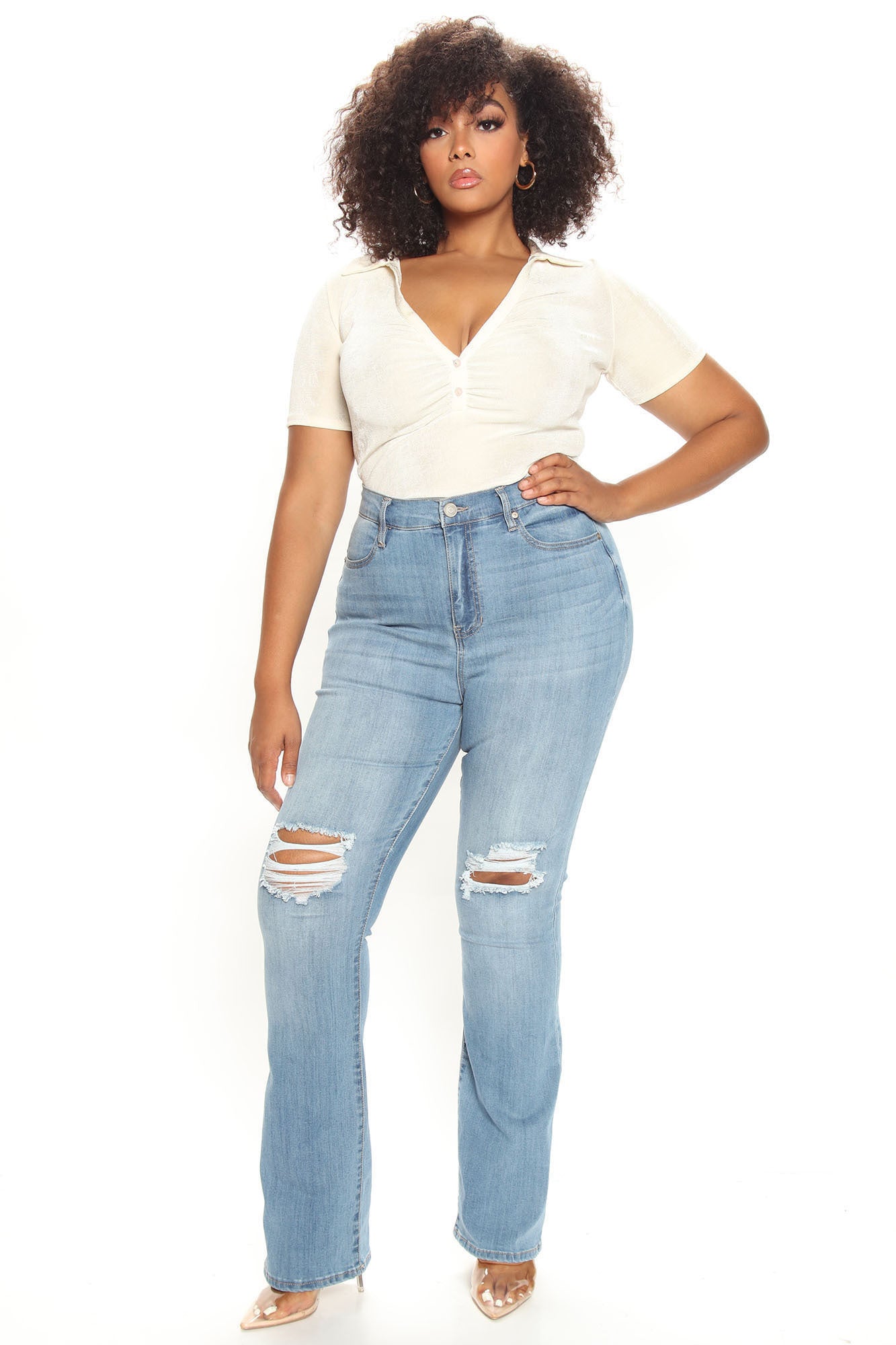 Tall Jessie Mid Rise Distressed Bootcut Jean - Light Blue Wash - Image 4