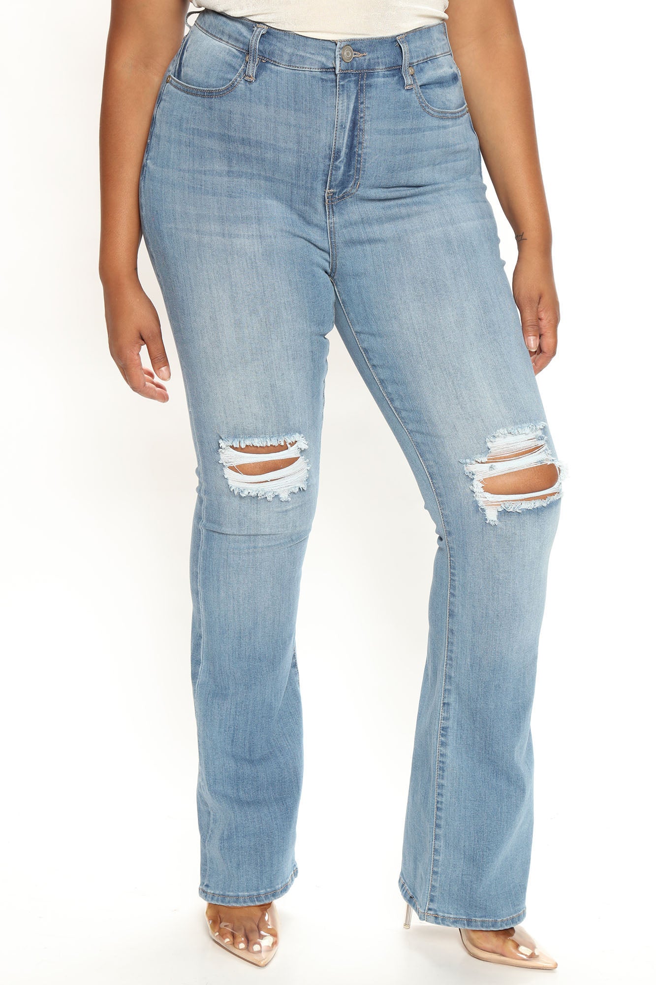 Tall Jessie Mid Rise Distressed Bootcut Jean - Light Blue Wash - Image 5