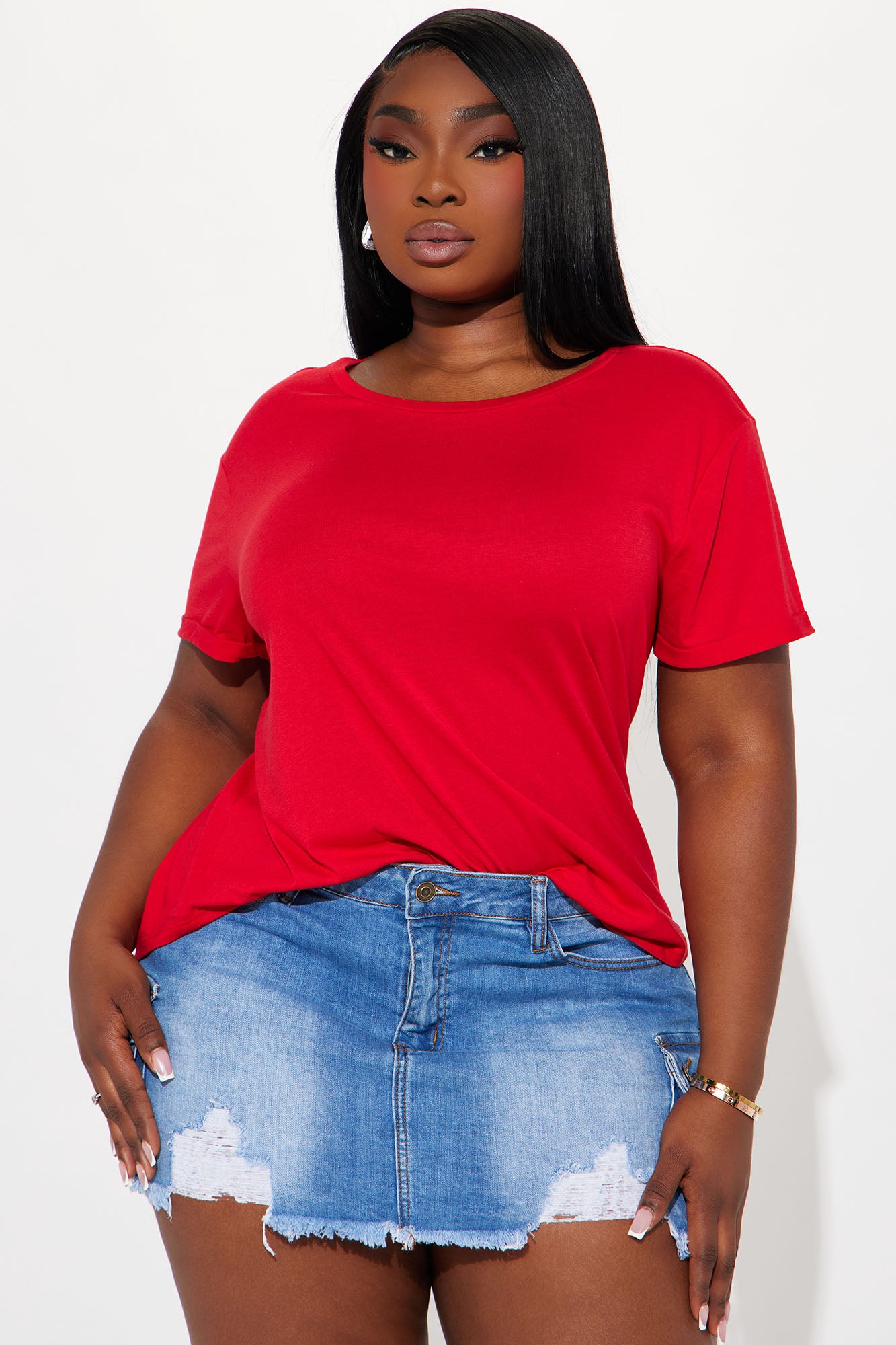 Annie Cuffed Short Sleeve Top - Red - Image 4
