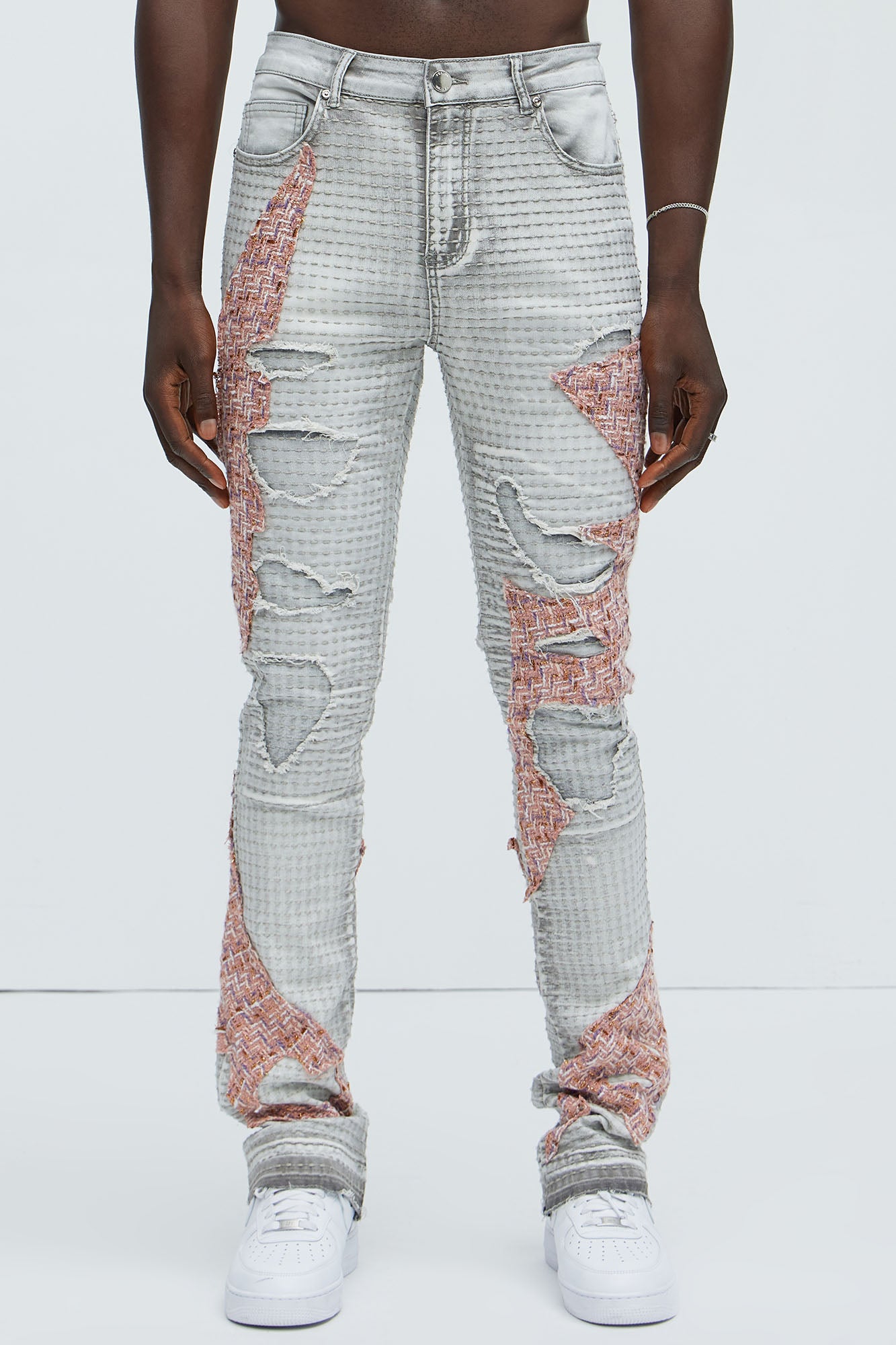 Ripped It And Fixed Stacked Skinny Flared Pants - Grey/combo - Image 4