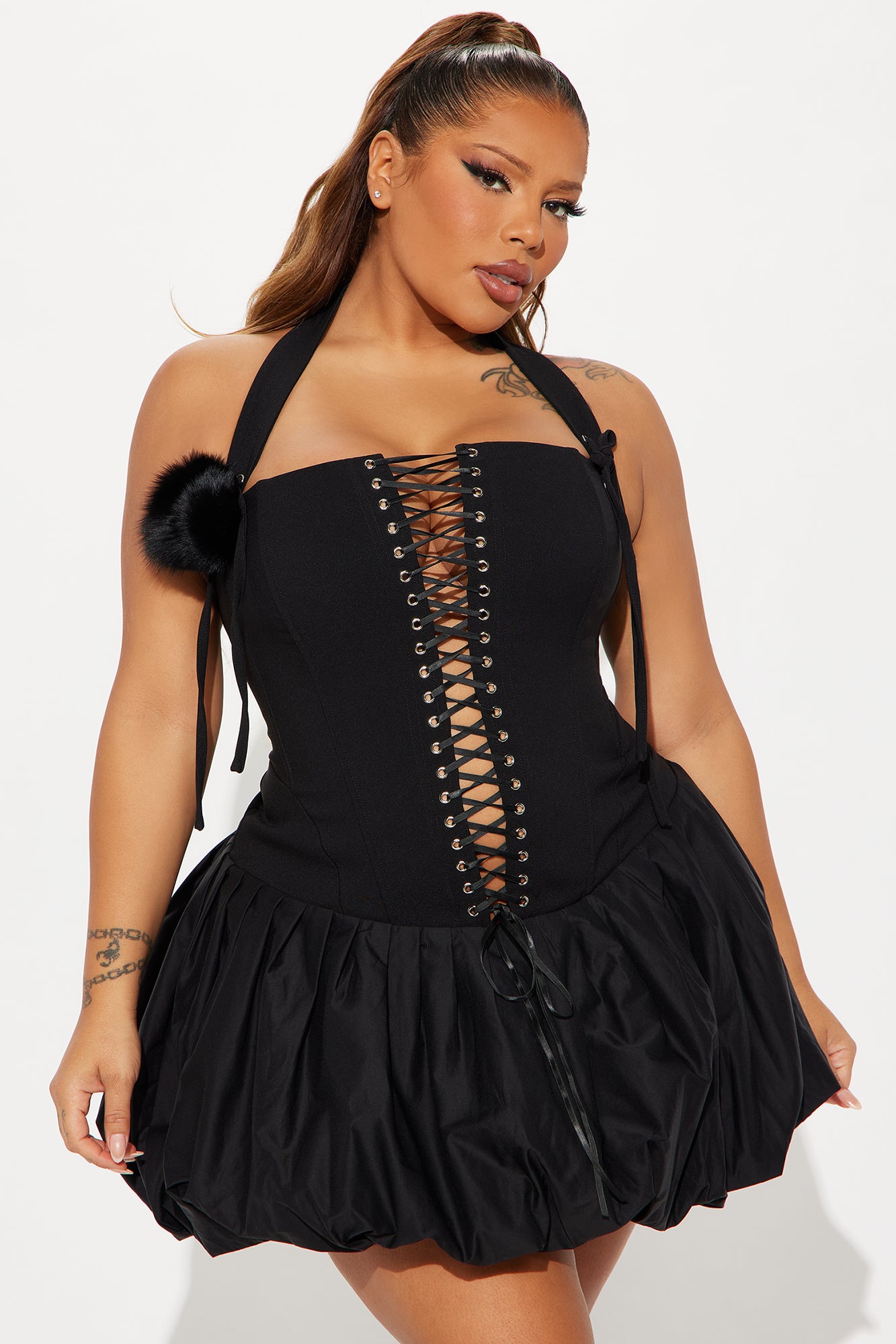 Analia Lace Up Bubble Mini Dress - Black - Image 5