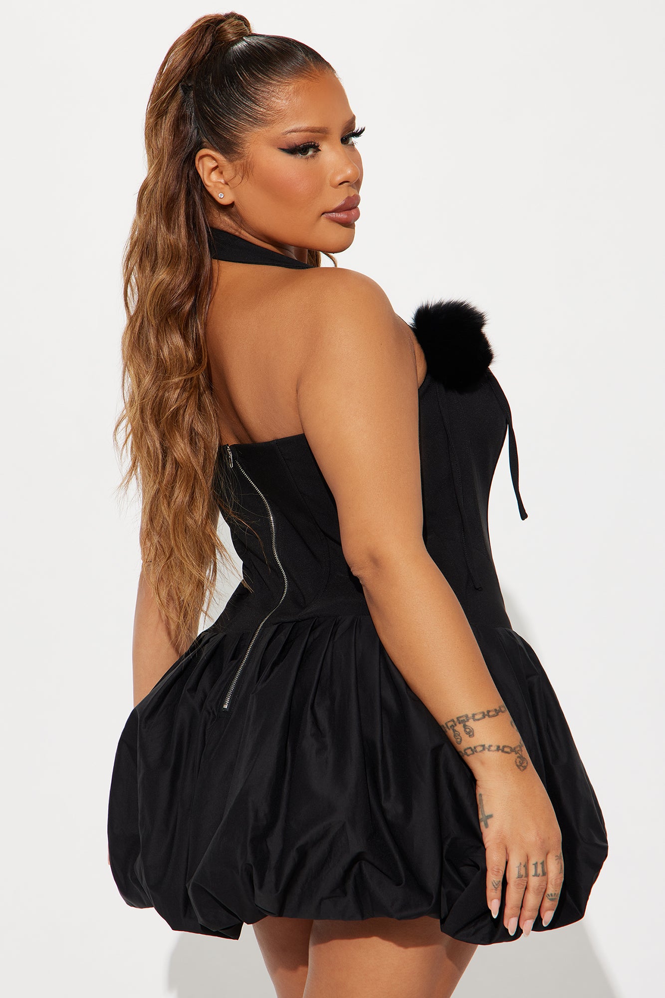 Analia Lace Up Bubble Mini Dress - Black - Image 7