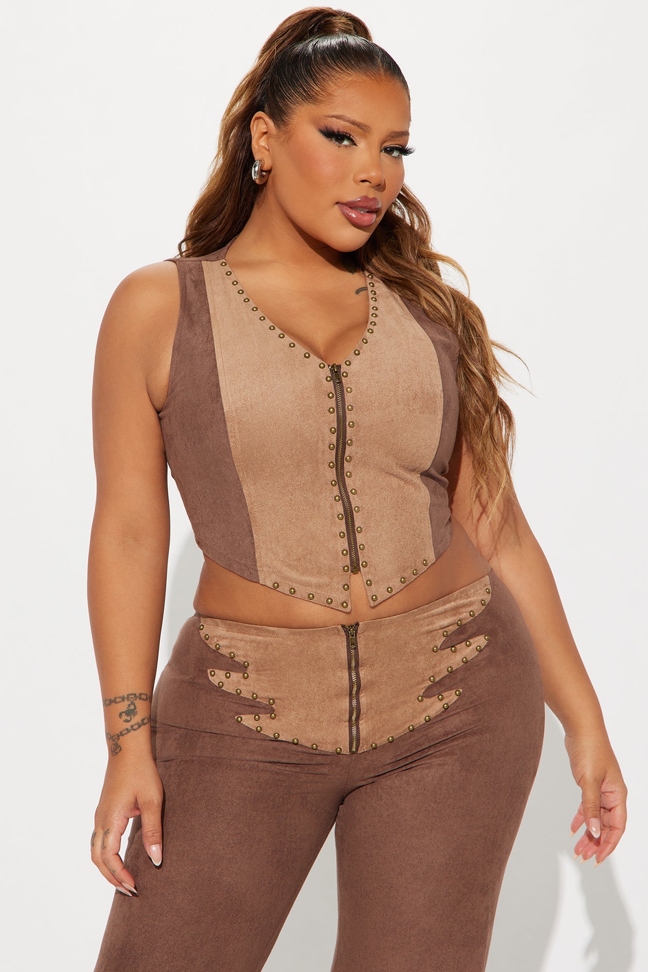Howdy Partner Faux Suede Fringe Pant Set - Brown - Image 5