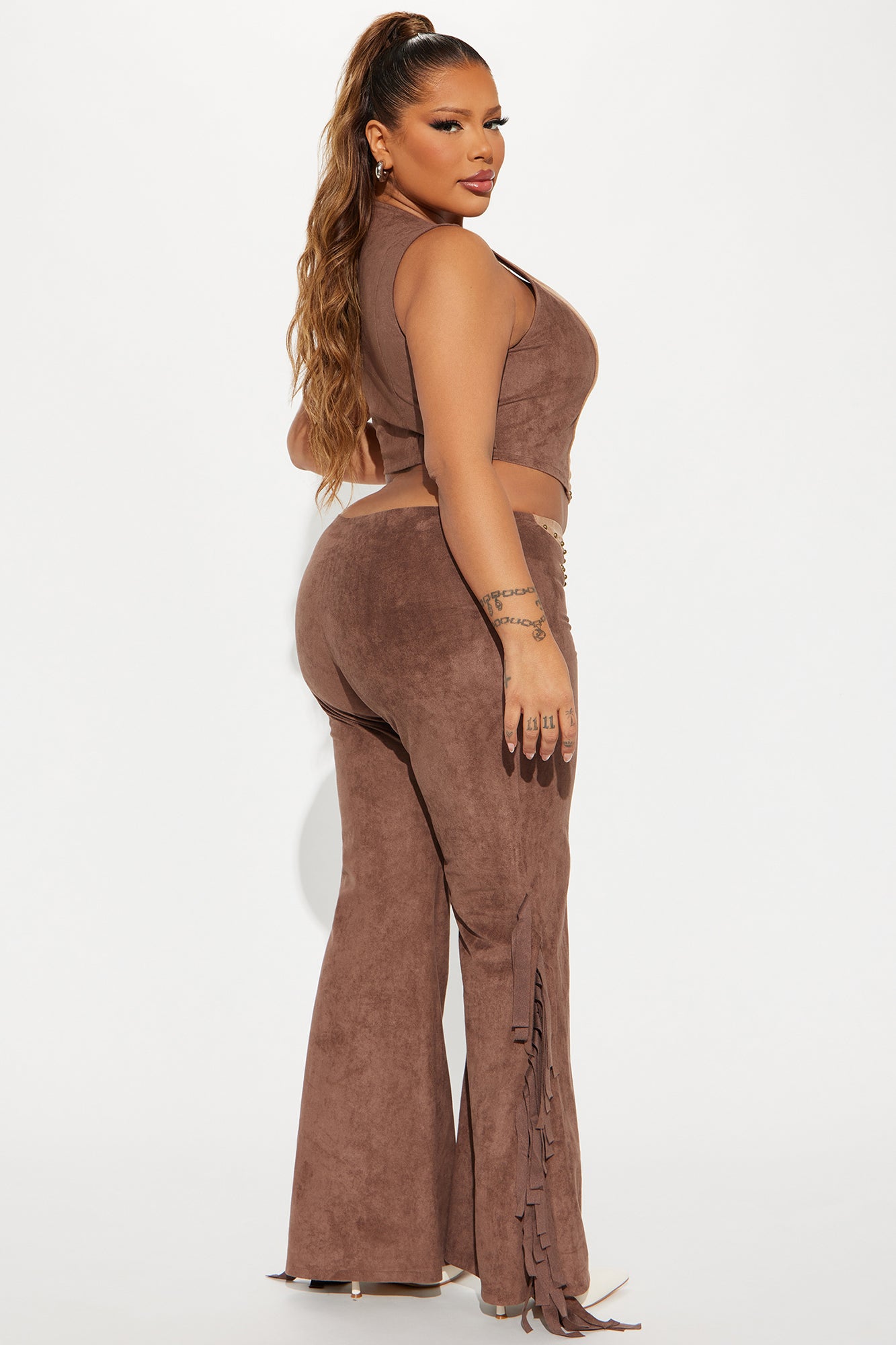 Howdy Partner Faux Suede Fringe Pant Set - Brown - Image 7