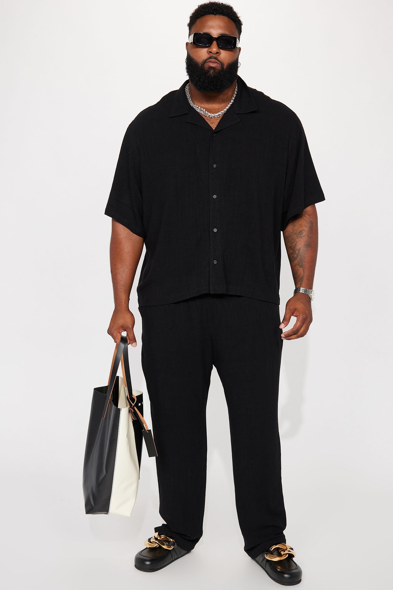 Solid Textured Linen Pull On Side Slit Pants- Black - Image 6