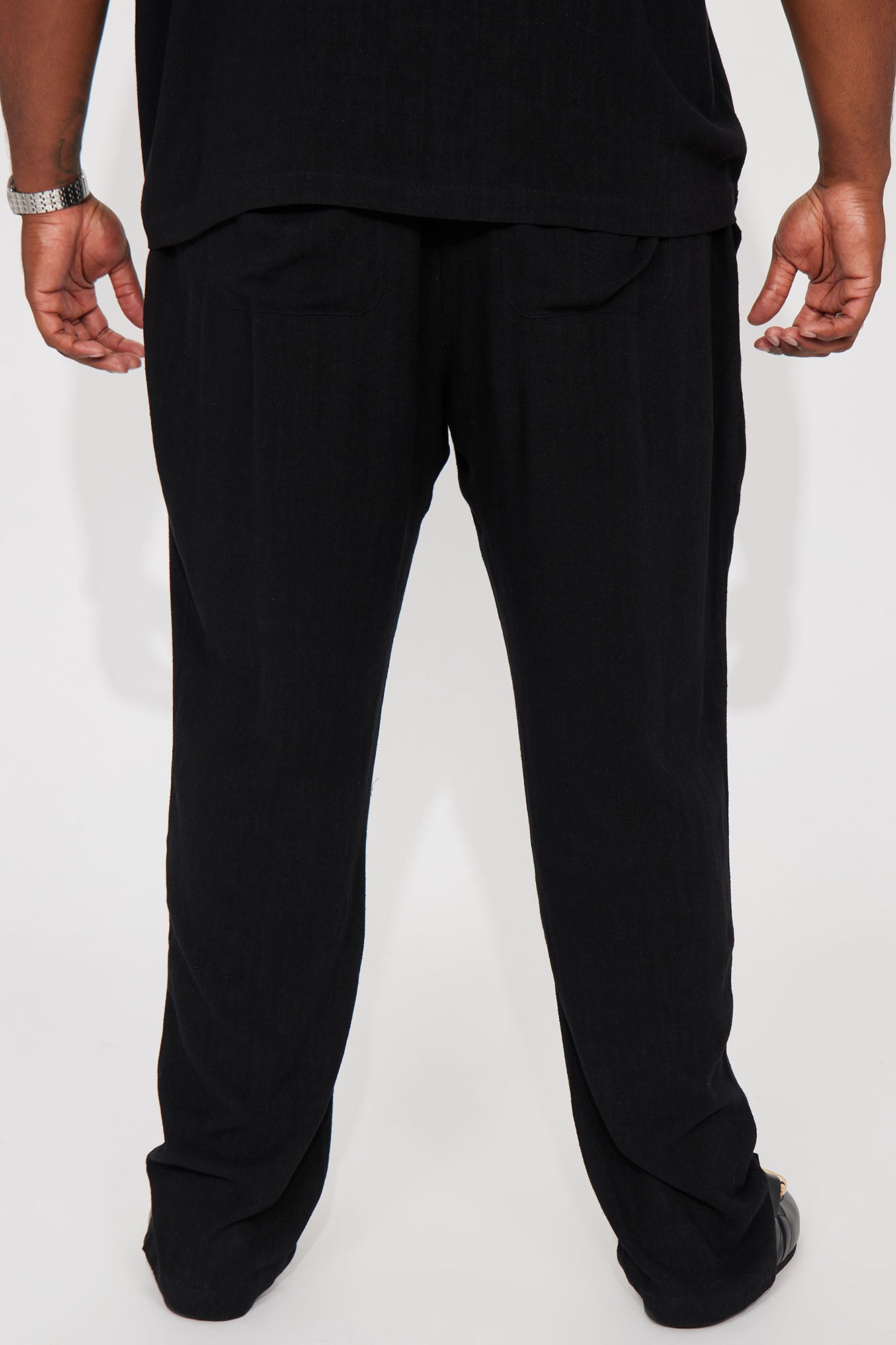 Solid Textured Linen Pull On Side Slit Pants- Black - Image 7