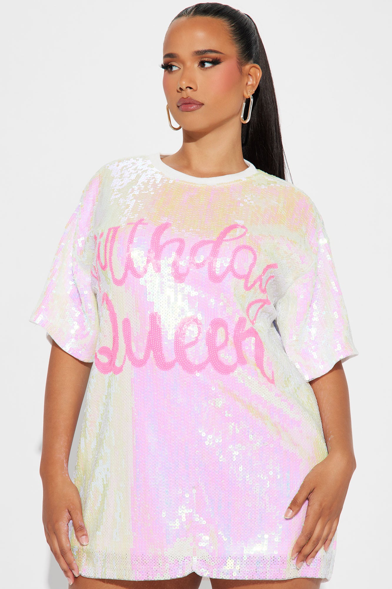 Always The Birthday Queen Sequin Shirt Dress - White - Image 6
