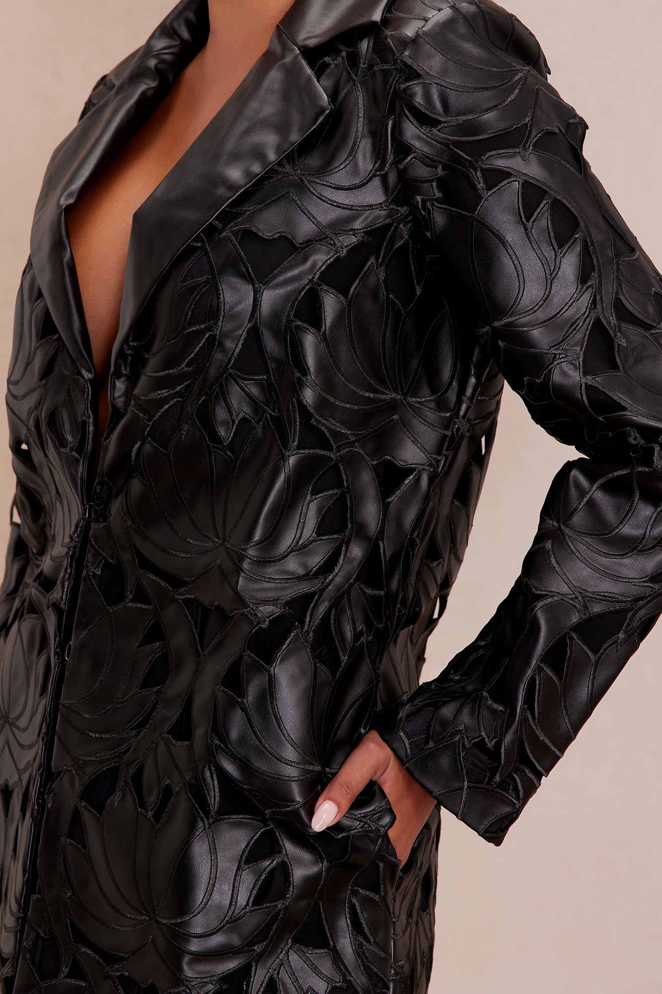 Maia Embroidered Faux Leather Jacket - Black - Image 5