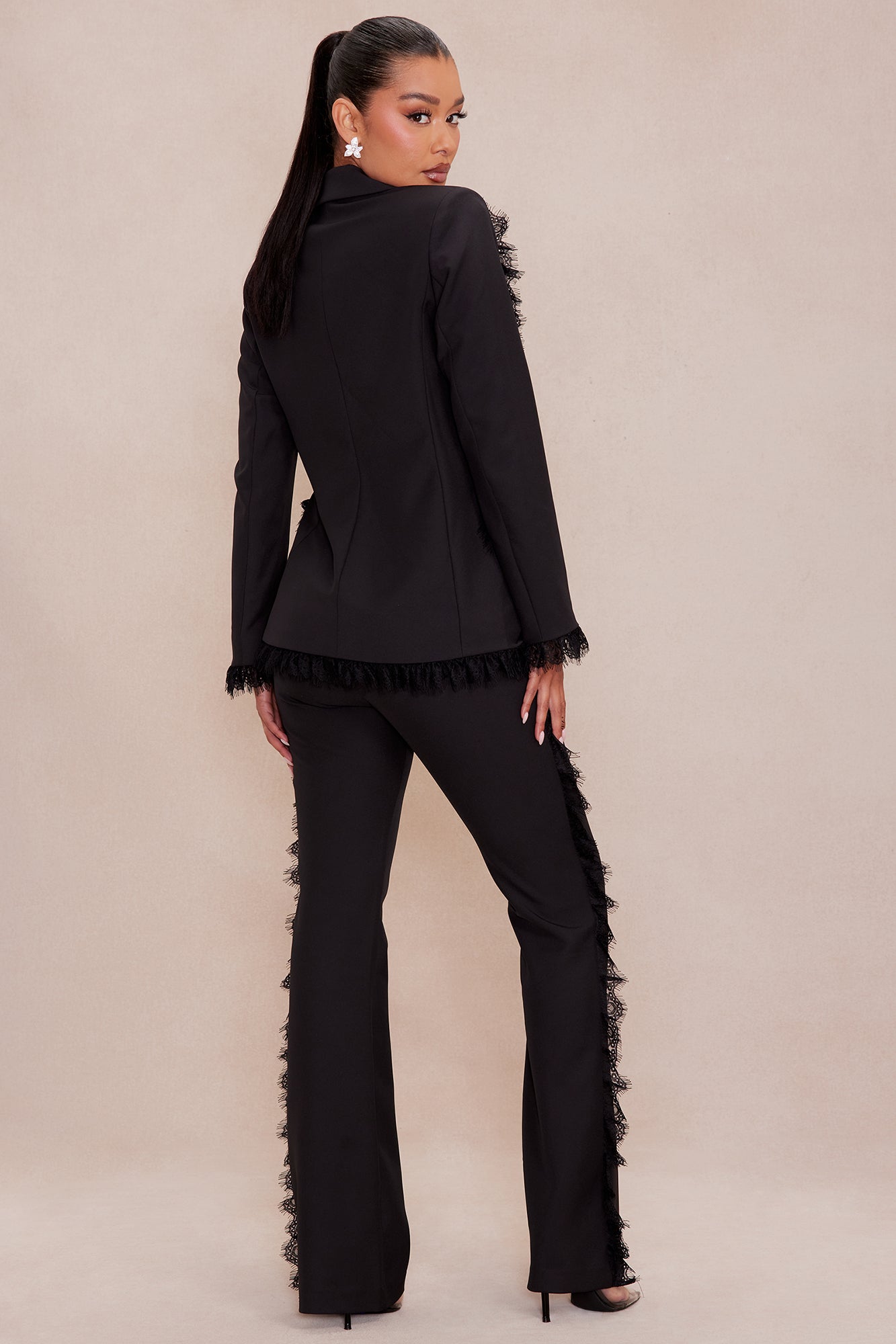 Natalie Lace Trim Blazer Suit Set - Black - Image 4