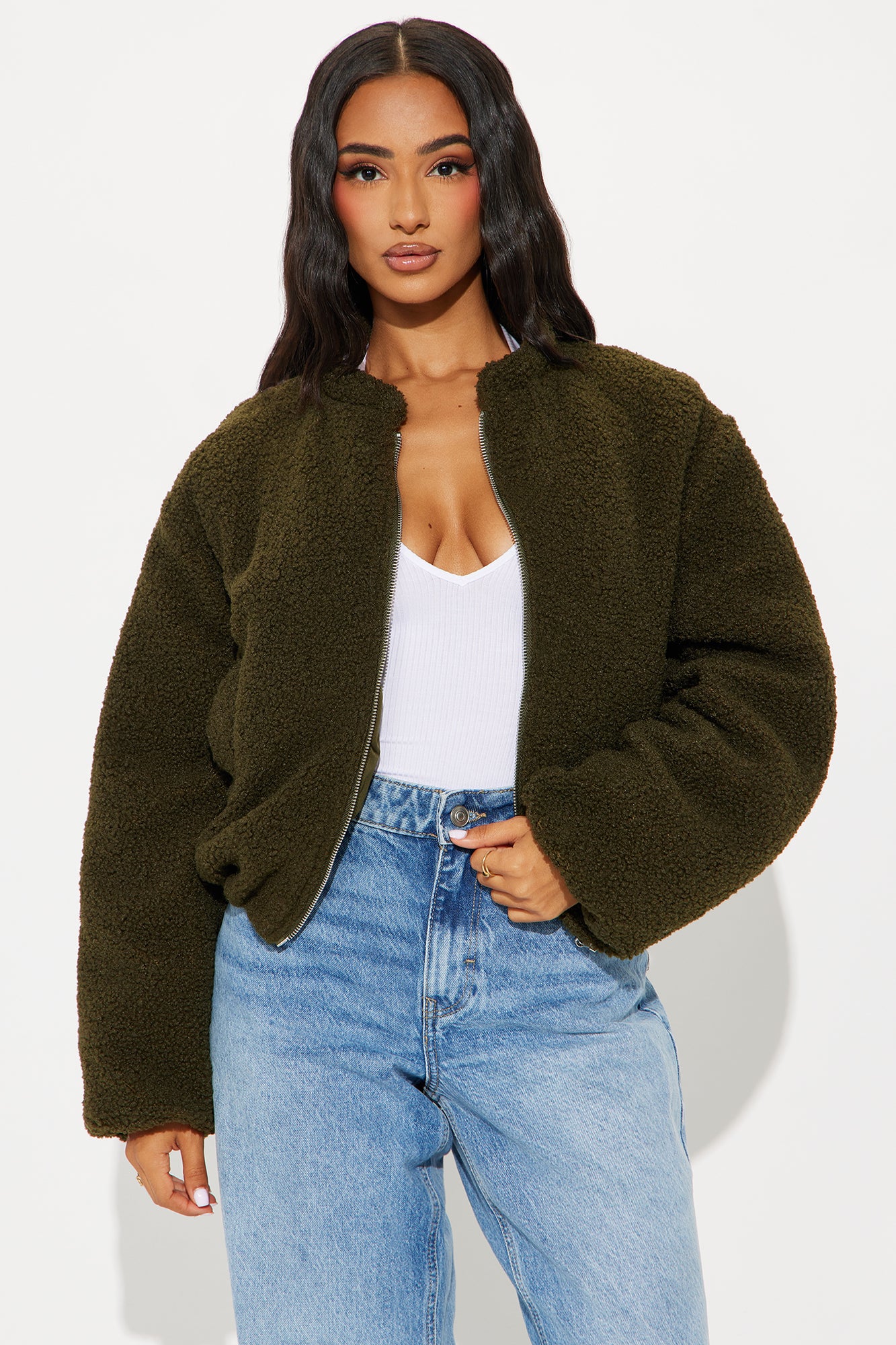 Off Duty Sherpa Bomber Jacket - Olive - Image 3