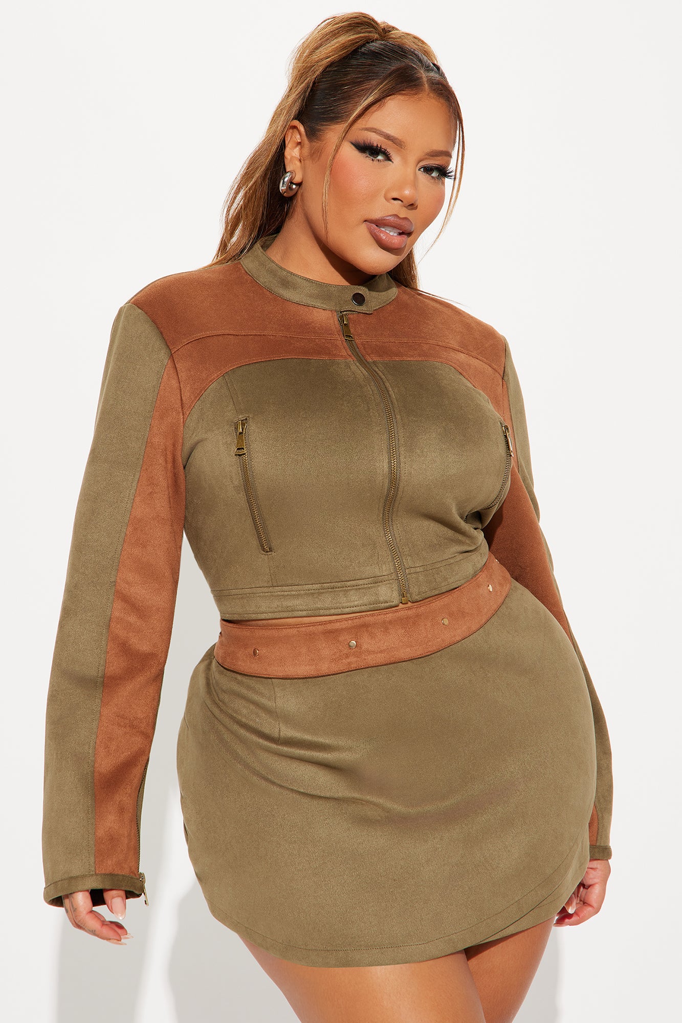 Fatima Faux Suede Skirt Set - Olive - Image 5