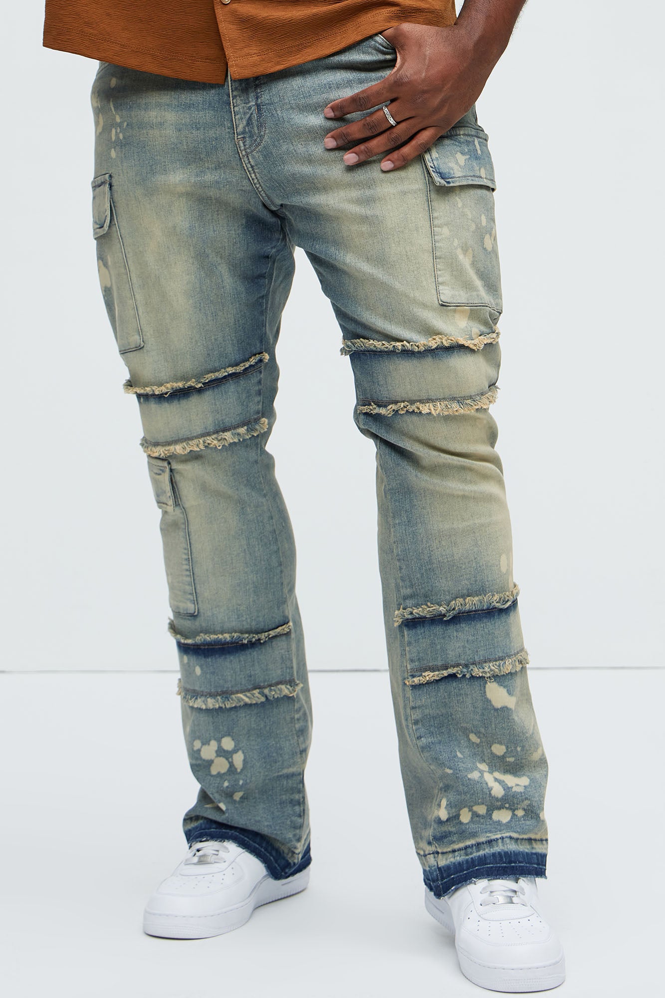 Side Snap Cargo Stacked Skinny Flare Jeans - Medium Wash - Image 5
