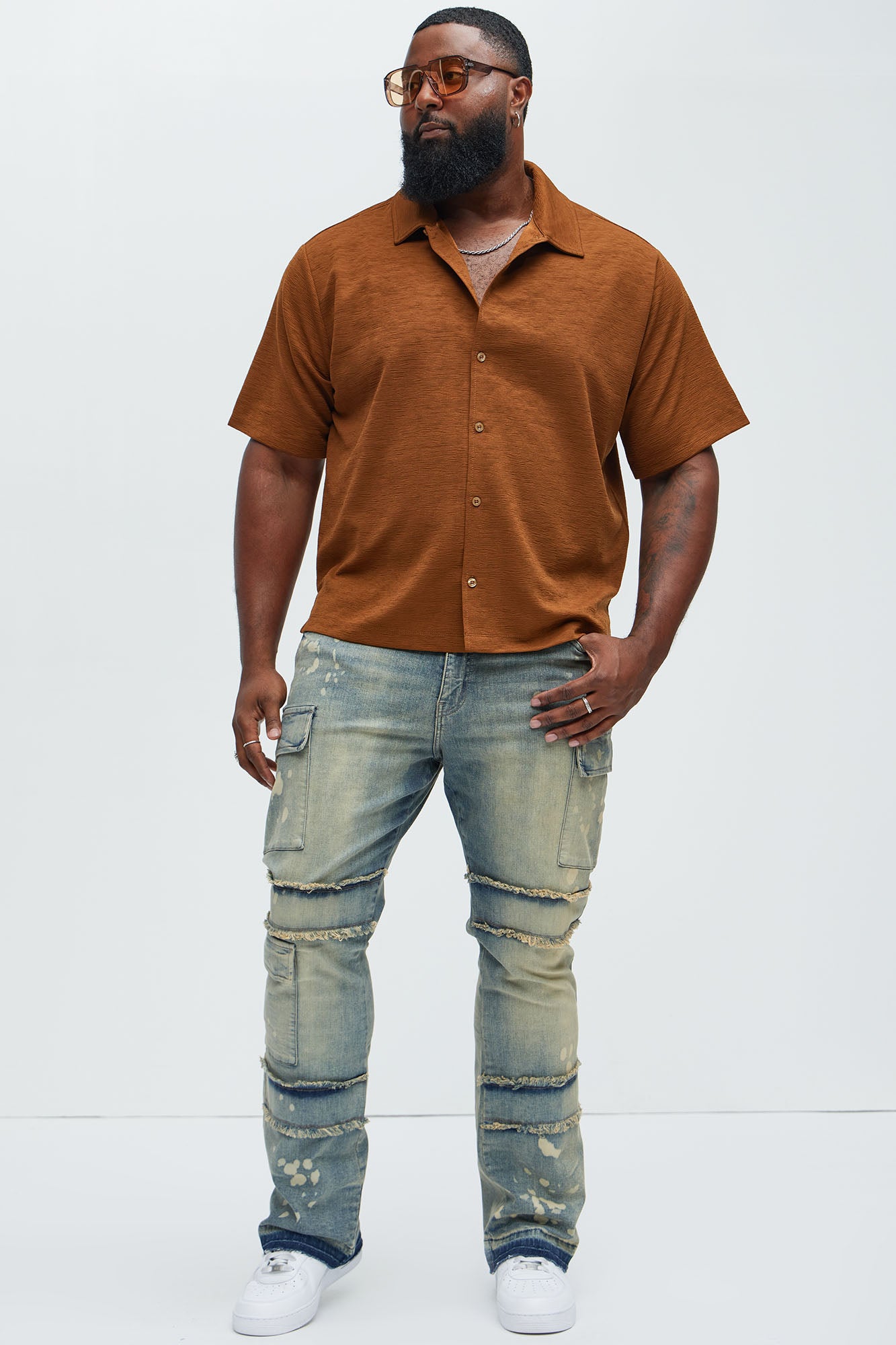 Side Snap Cargo Stacked Skinny Flare Jeans - Medium Wash - Image 6