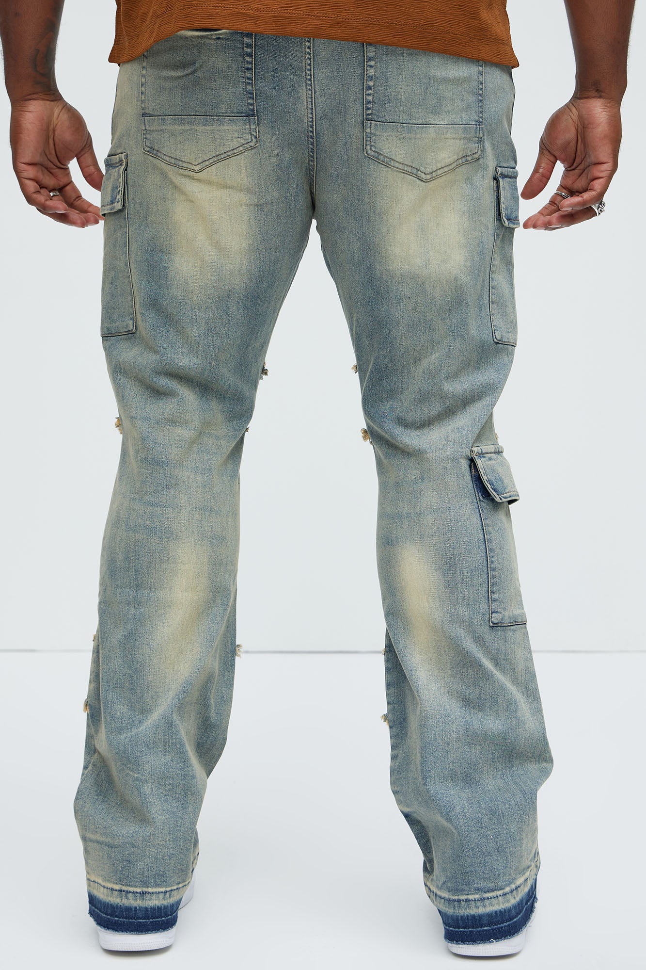 Side Snap Cargo Stacked Skinny Flare Jeans - Medium Wash - Image 8