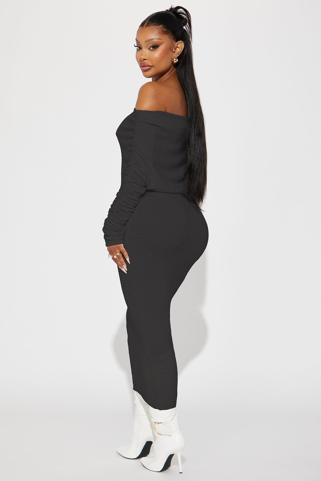 Yasmine Off Shoulder Sweater Maxi Dress - Charcoal - Image 3