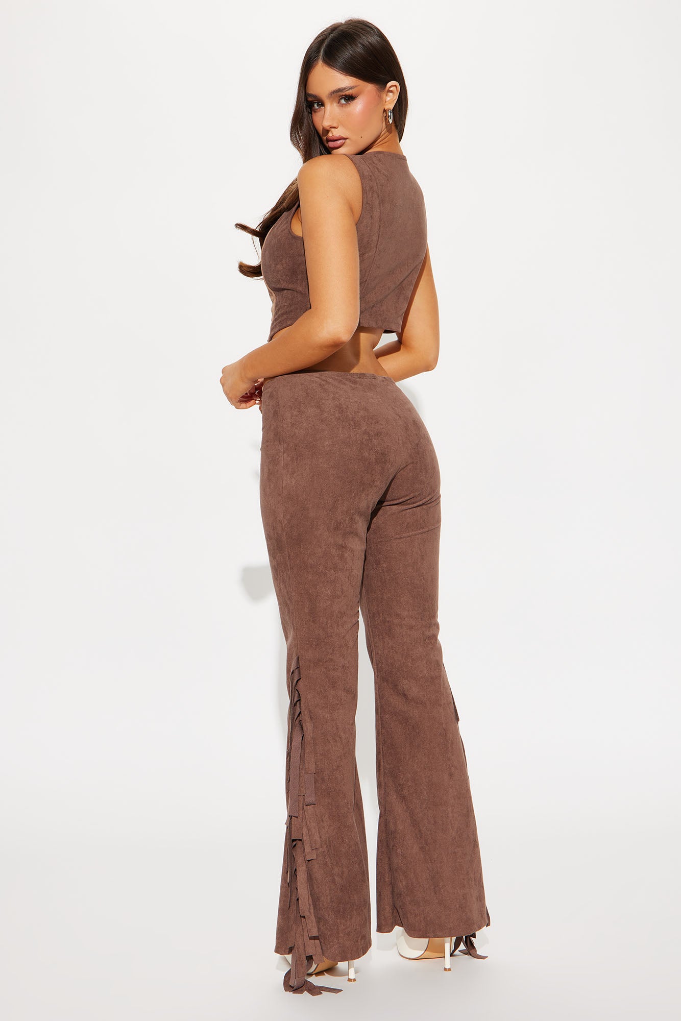 Howdy Partner Faux Suede Fringe Pant Set - Brown - Image 3