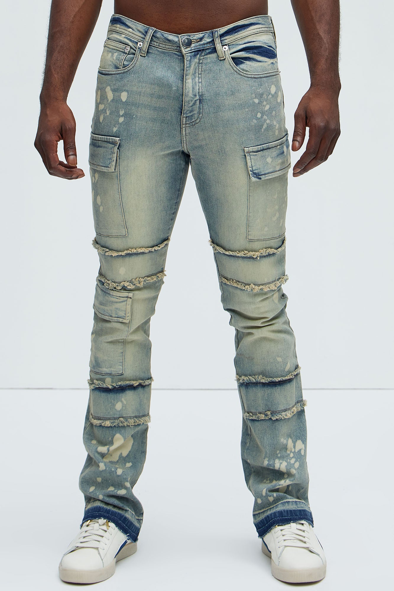 Side Snap Cargo Stacked Skinny Flare Jeans - Medium Wash - Image 3