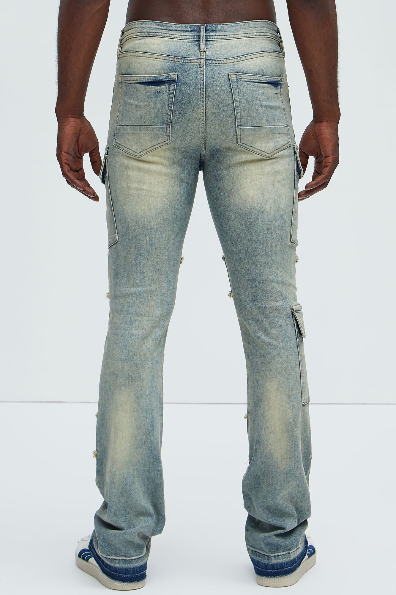 Side Snap Cargo Stacked Skinny Flare Jeans - Medium Wash - Image 4