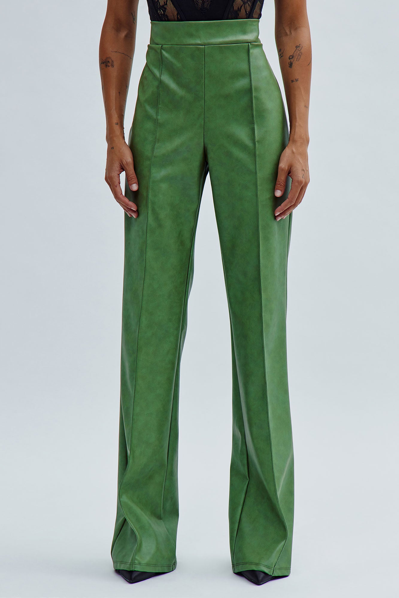 Victoria High Waisted Washed Faux Leather Dress Pants - Olive - Image 5