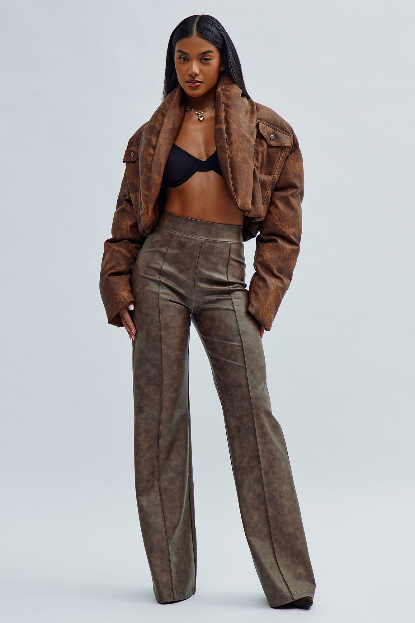 Victoria High Waisted Washed Faux Leather Dress Pants - Chocolate - Image 4