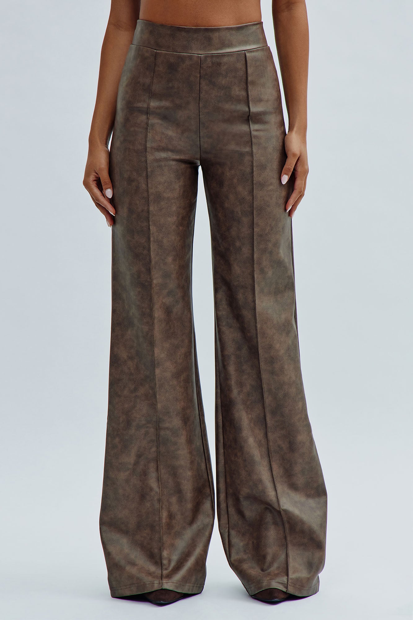 Victoria High Waisted Washed Faux Leather Dress Pants - Chocolate - Image 5
