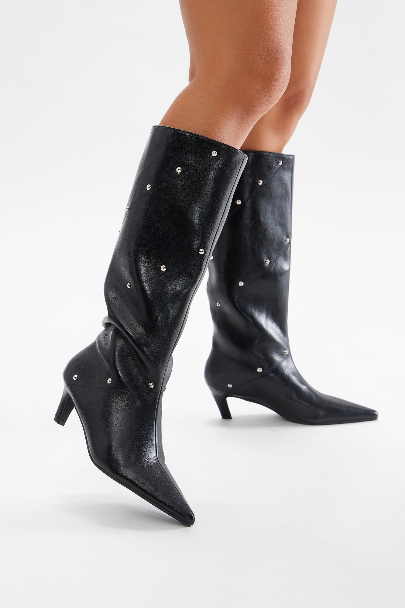 Keely Studded Kitten Heel Boots - Black - Image 4