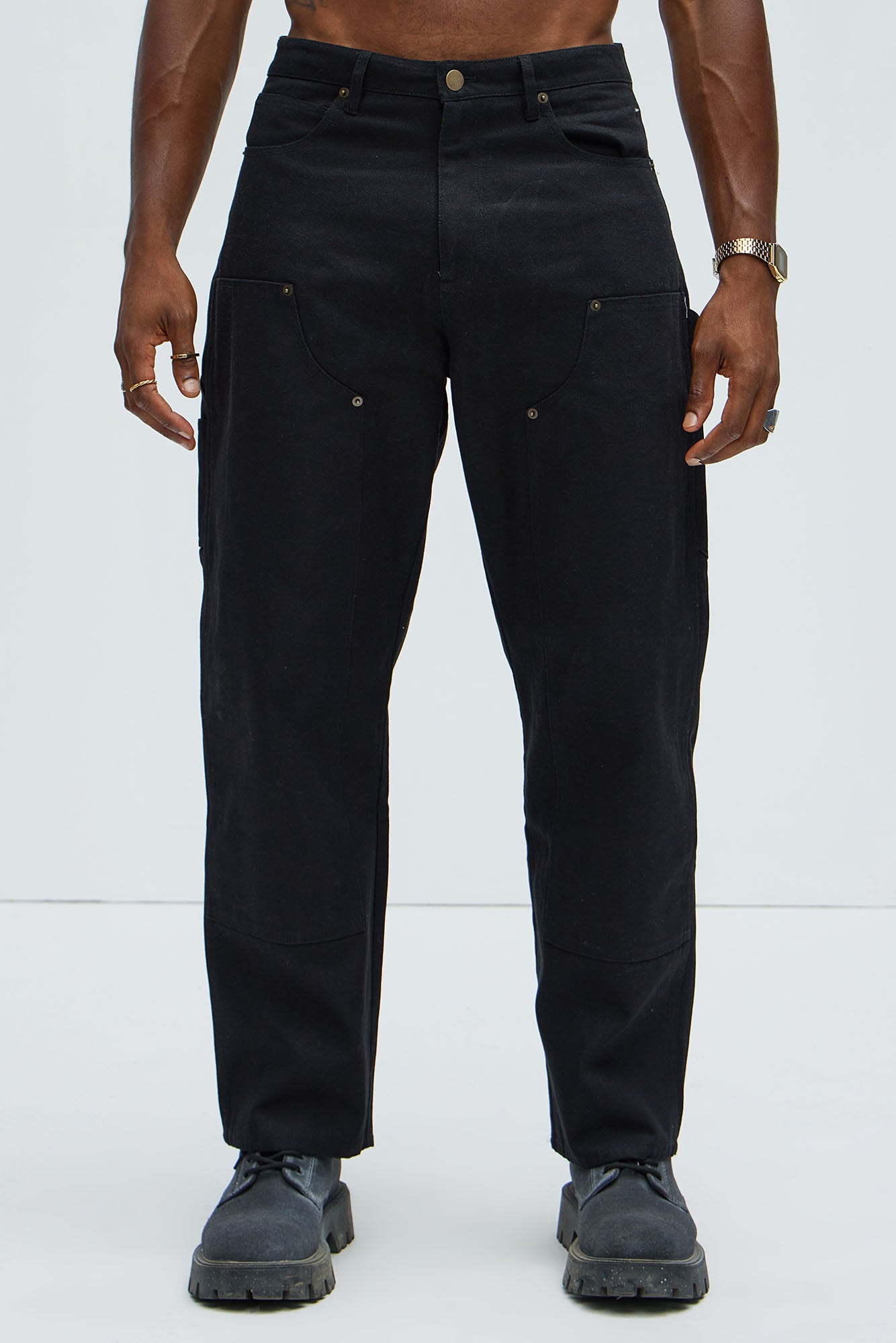 Alexander Double Knee Straight Utility Canvas Pants - Black - Image 7