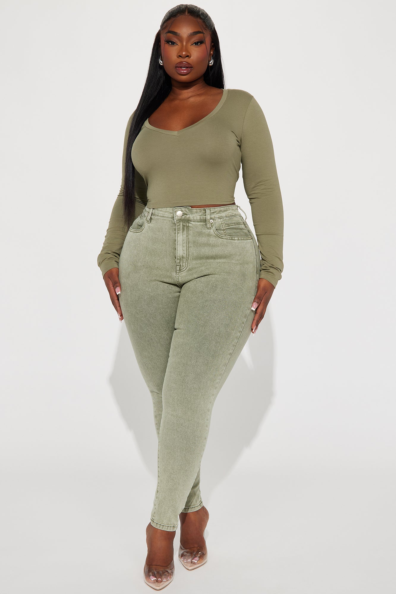Carly V Neck Crop Long Sleeve Tee - Olive - Image 5