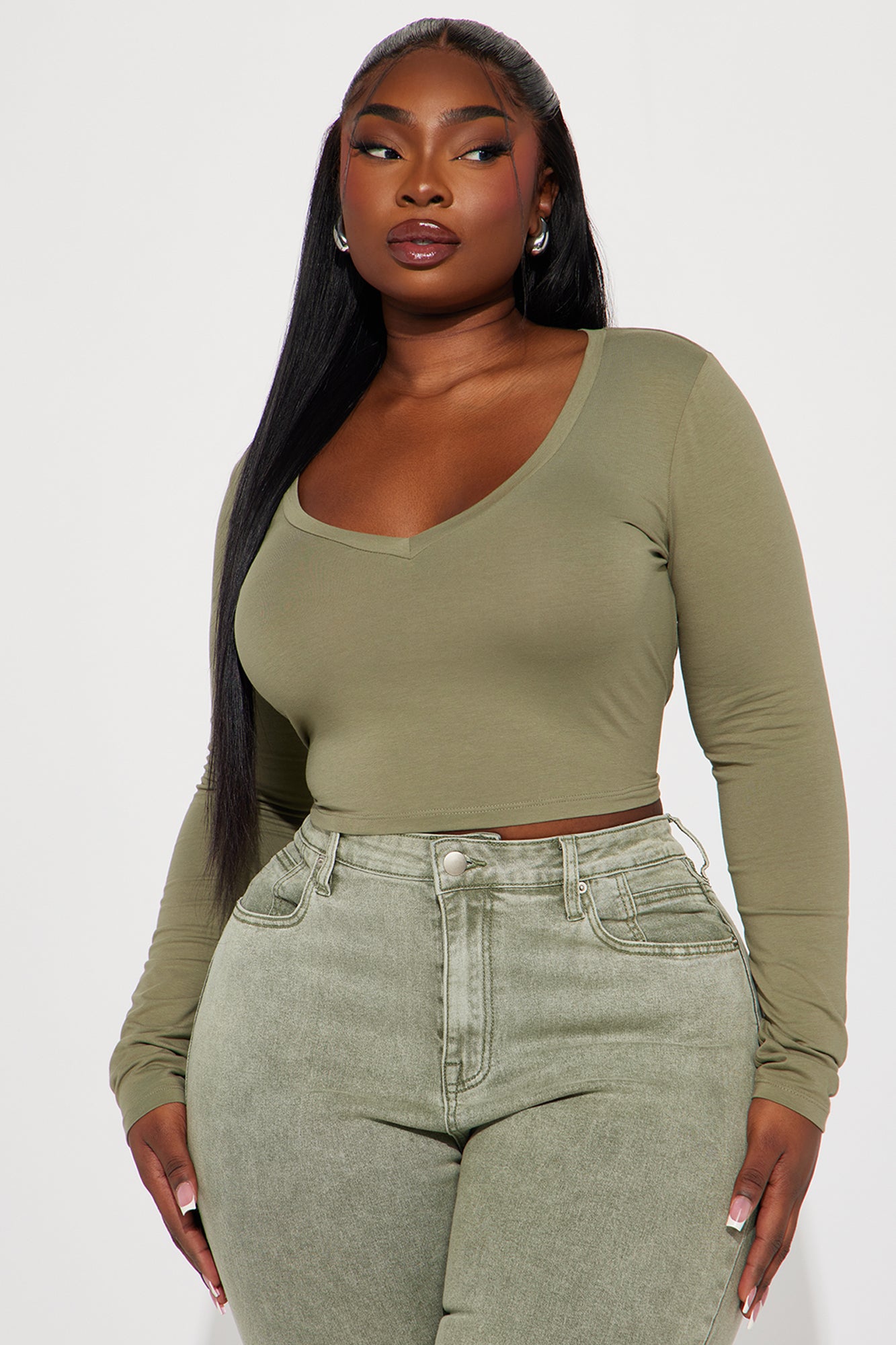 Carly V Neck Crop Long Sleeve Tee - Olive - Image 4