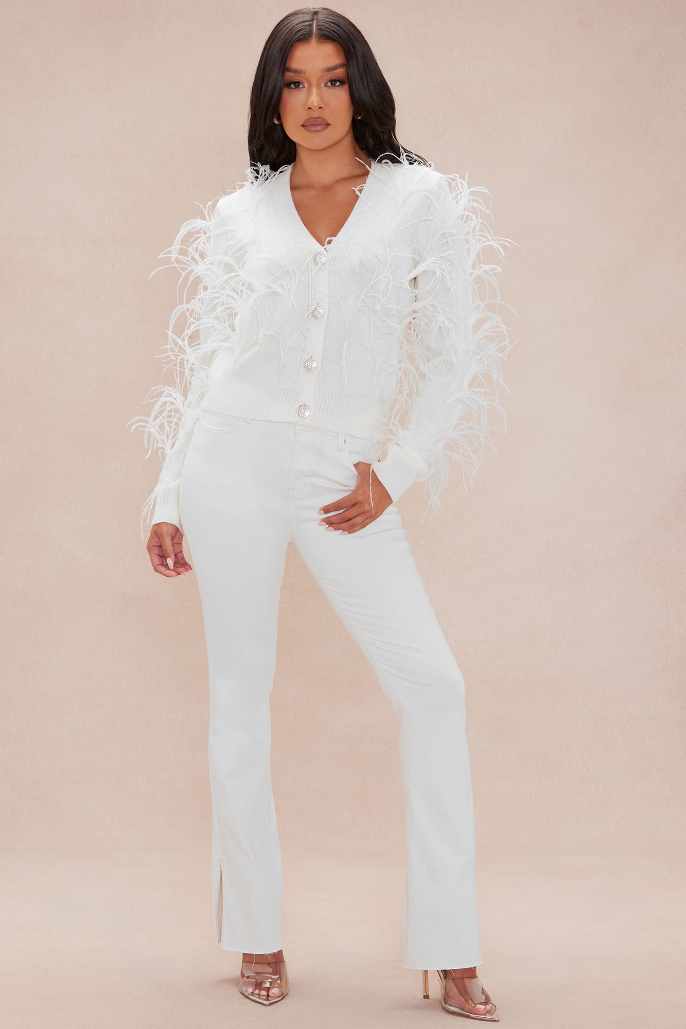 Santana Feather Cardigan - Cream - Image 7