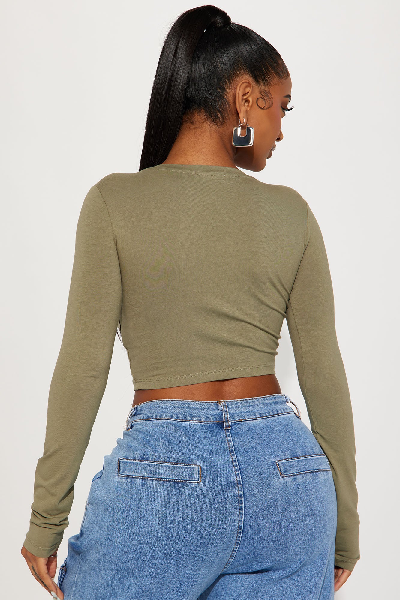Carly V Neck Crop Long Sleeve Tee - Olive - Image 3