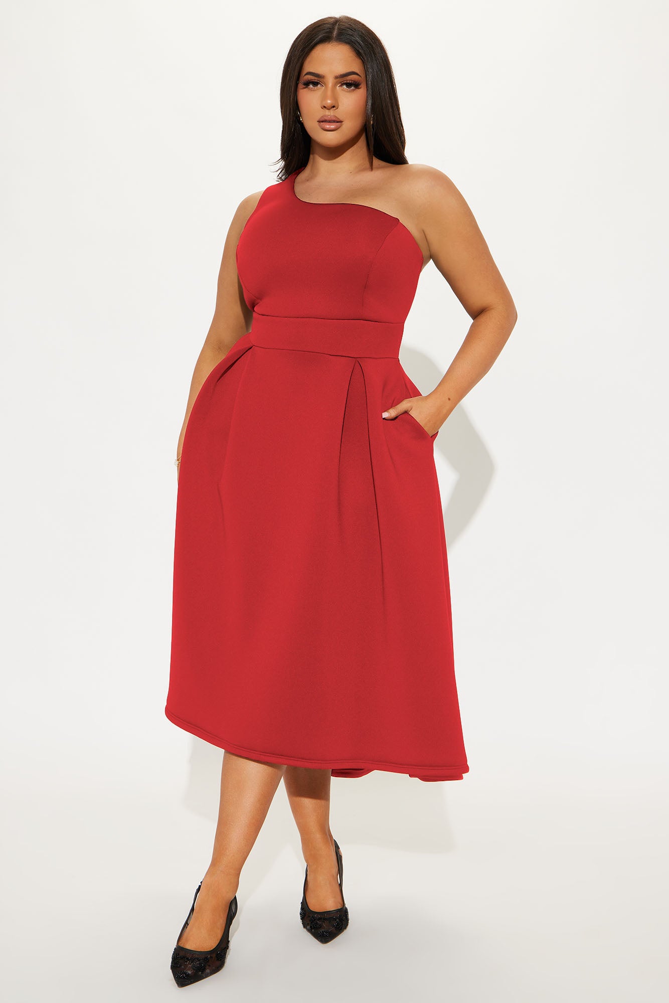 Alaina One Shoulder Midi Dress - Red - Image 6