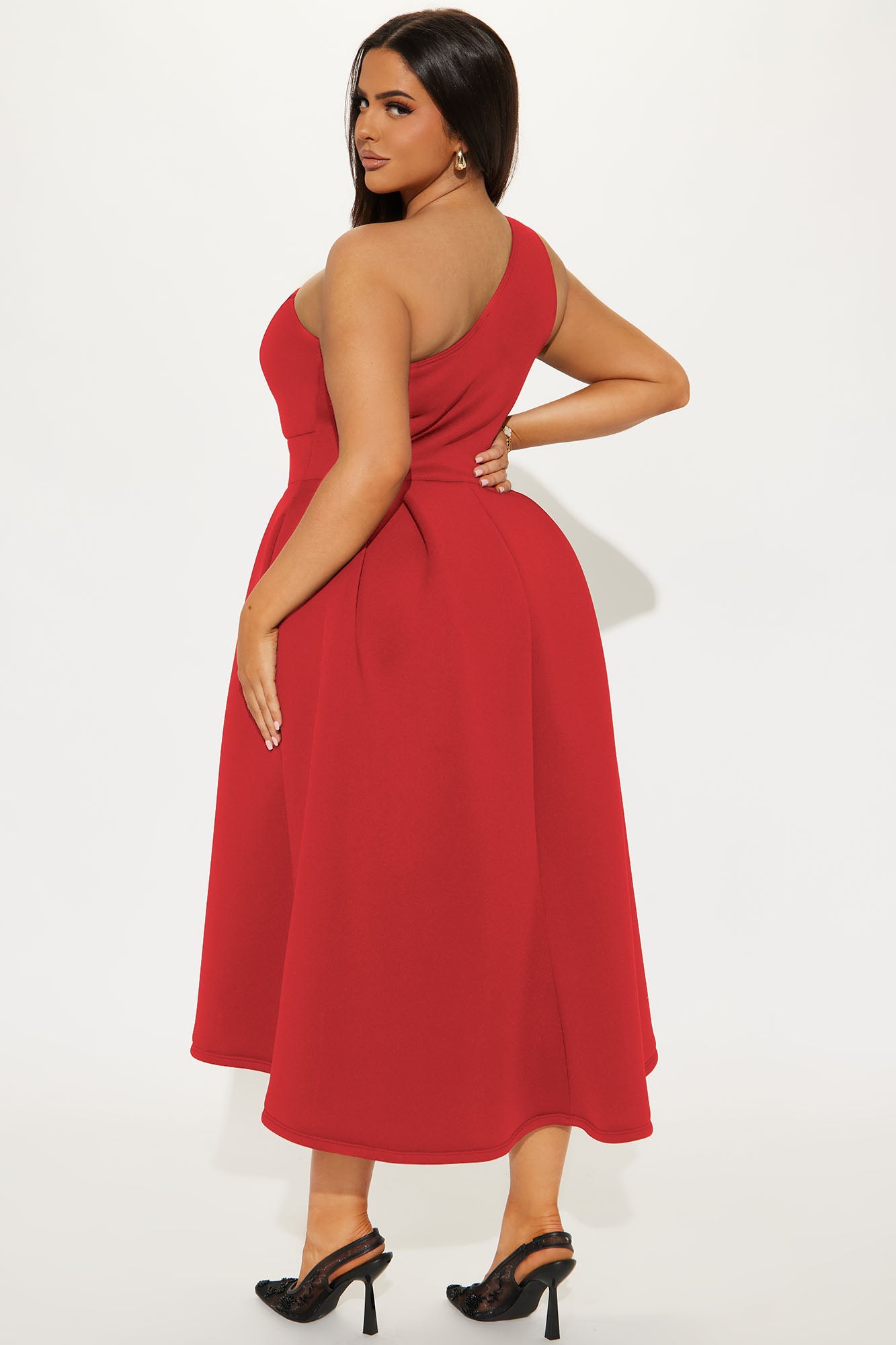 Alaina One Shoulder Midi Dress - Red - Image 8