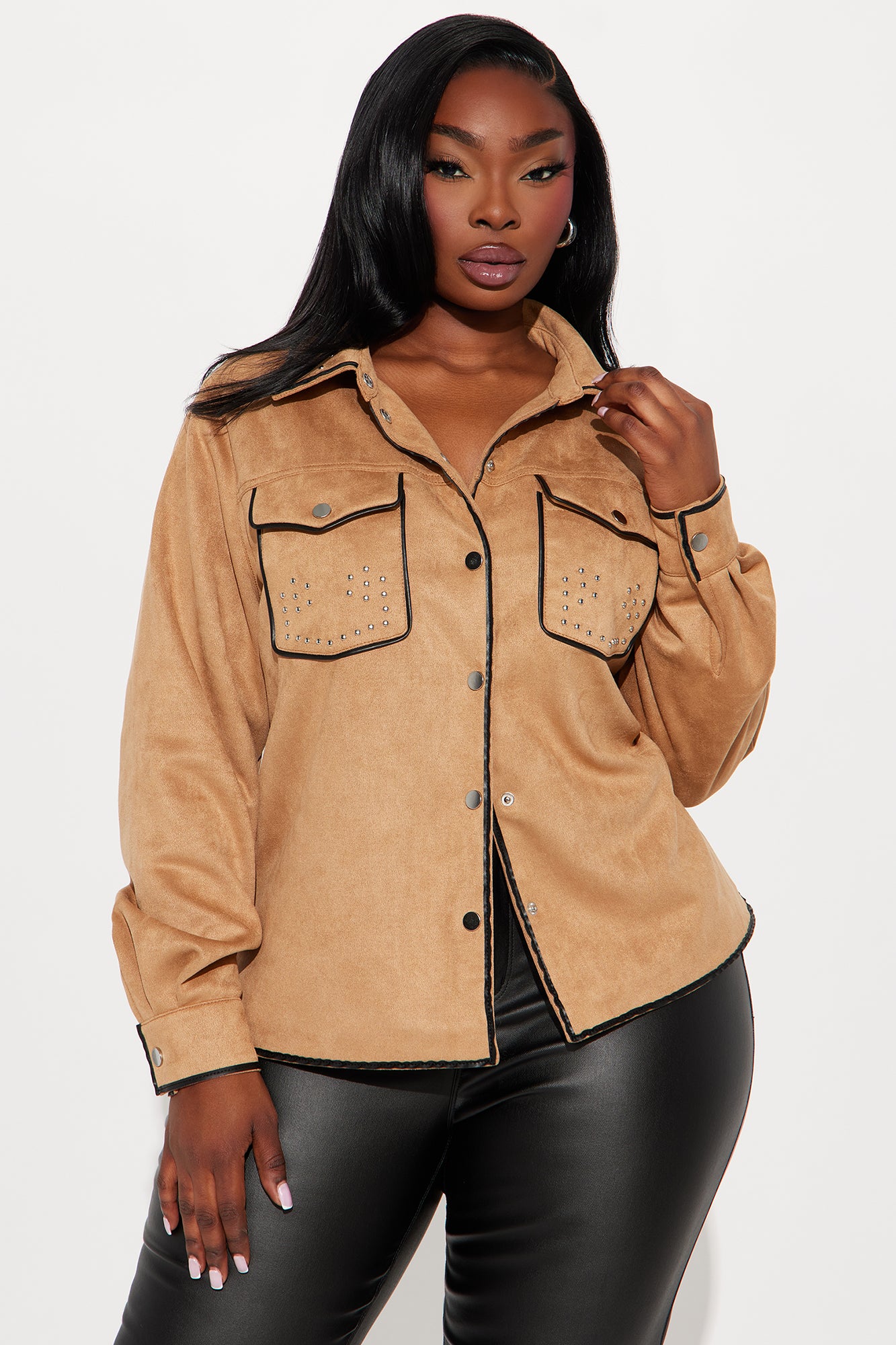 Wyld Studded Faux Suede Shirt - Camel/combo - Image 5