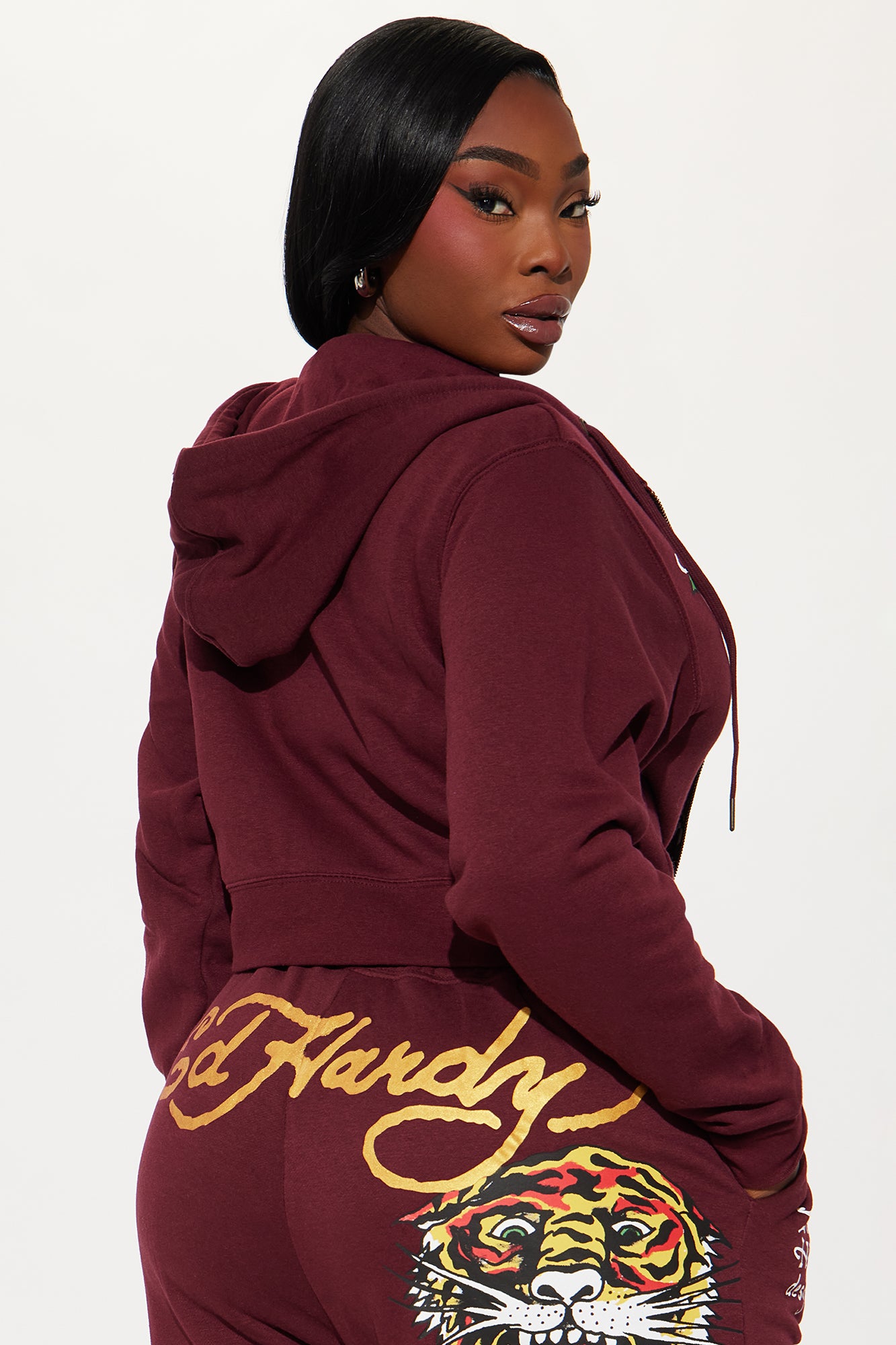 Retro Tiger Ed Hardy Zip Front Hoodie - Burgundy - Image 10