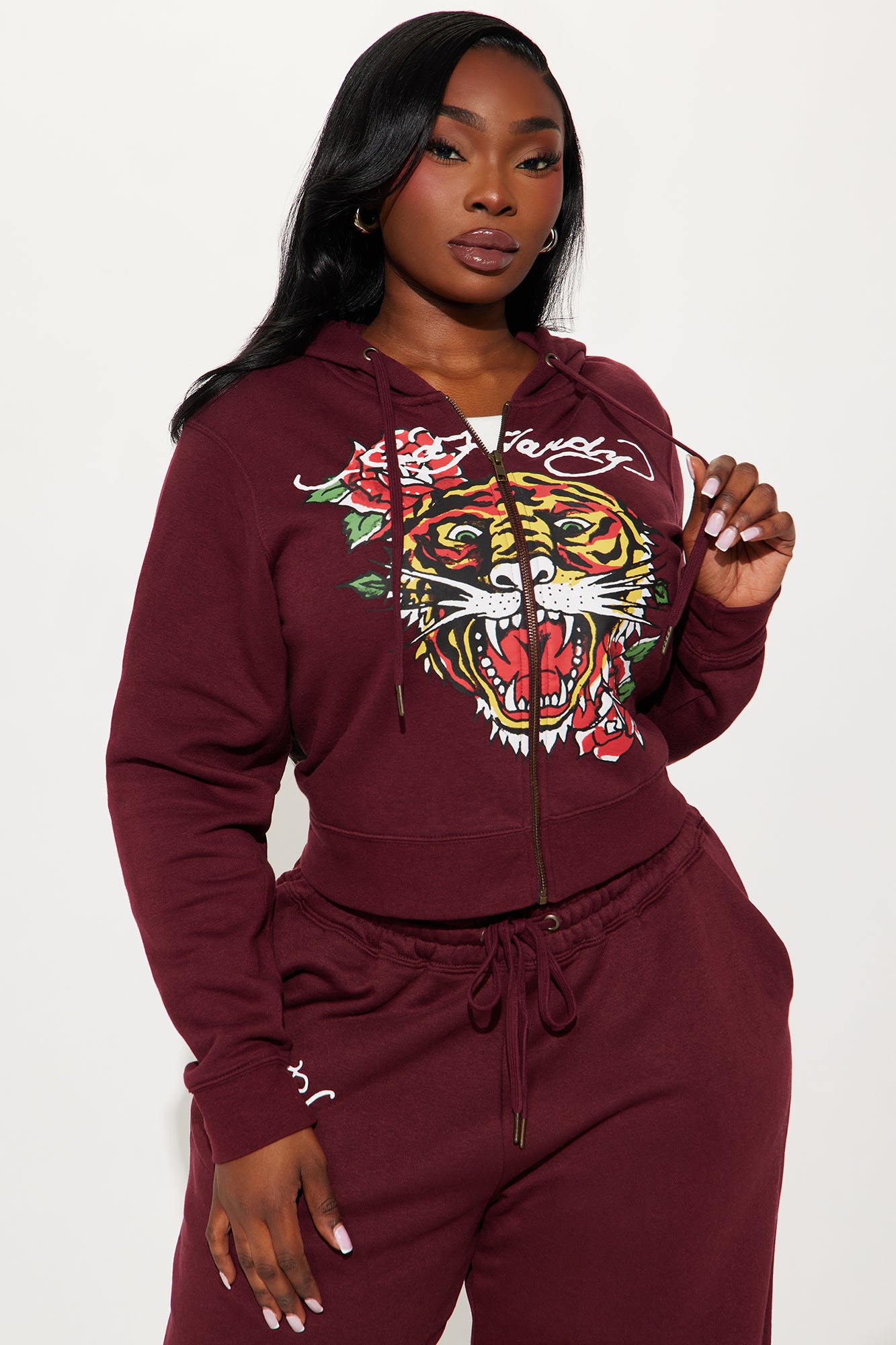 Retro Tiger Ed Hardy Zip Front Hoodie - Burgundy - Image 7
