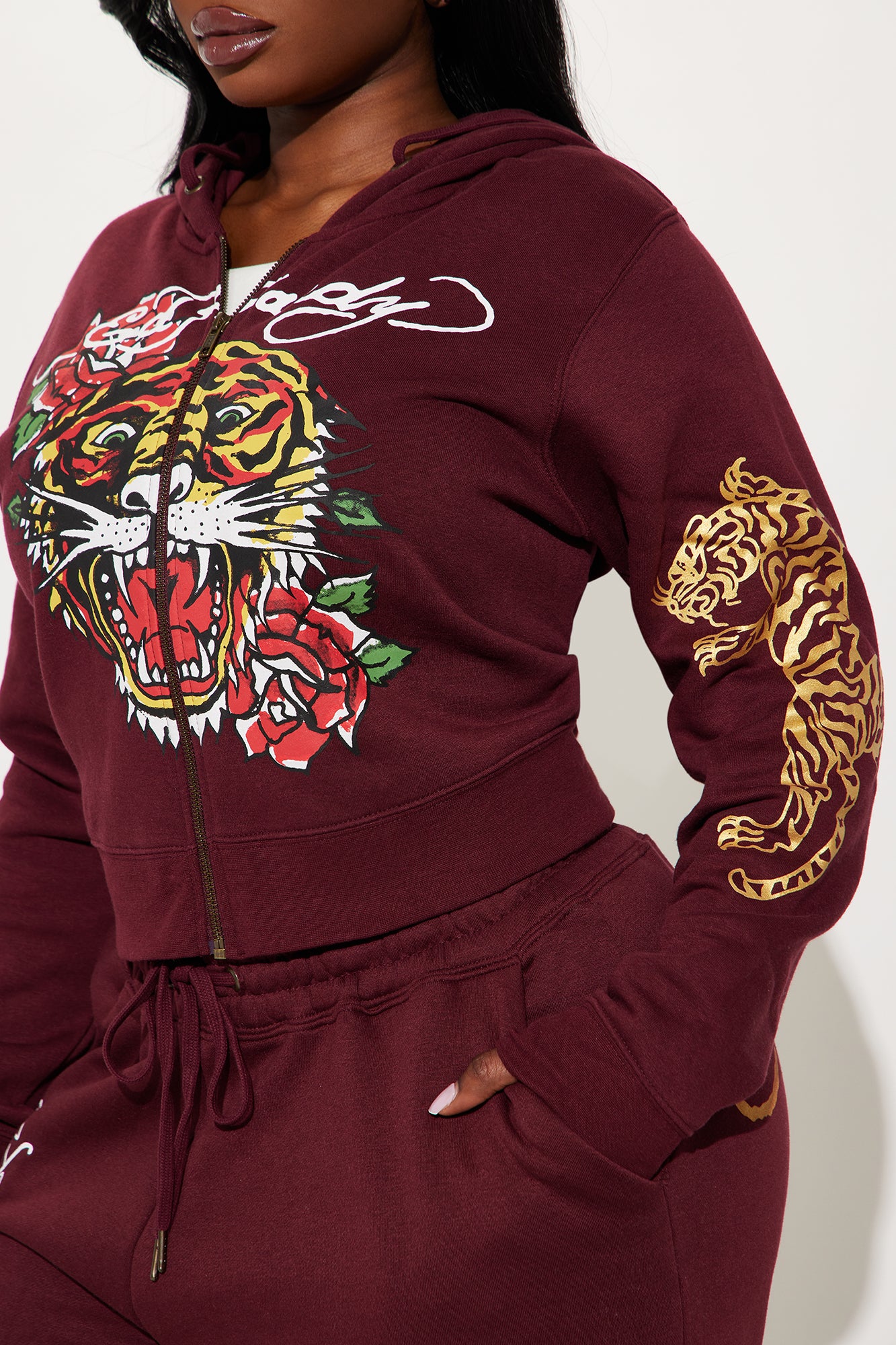 Retro Tiger Ed Hardy Zip Front Hoodie - Burgundy - Image 9