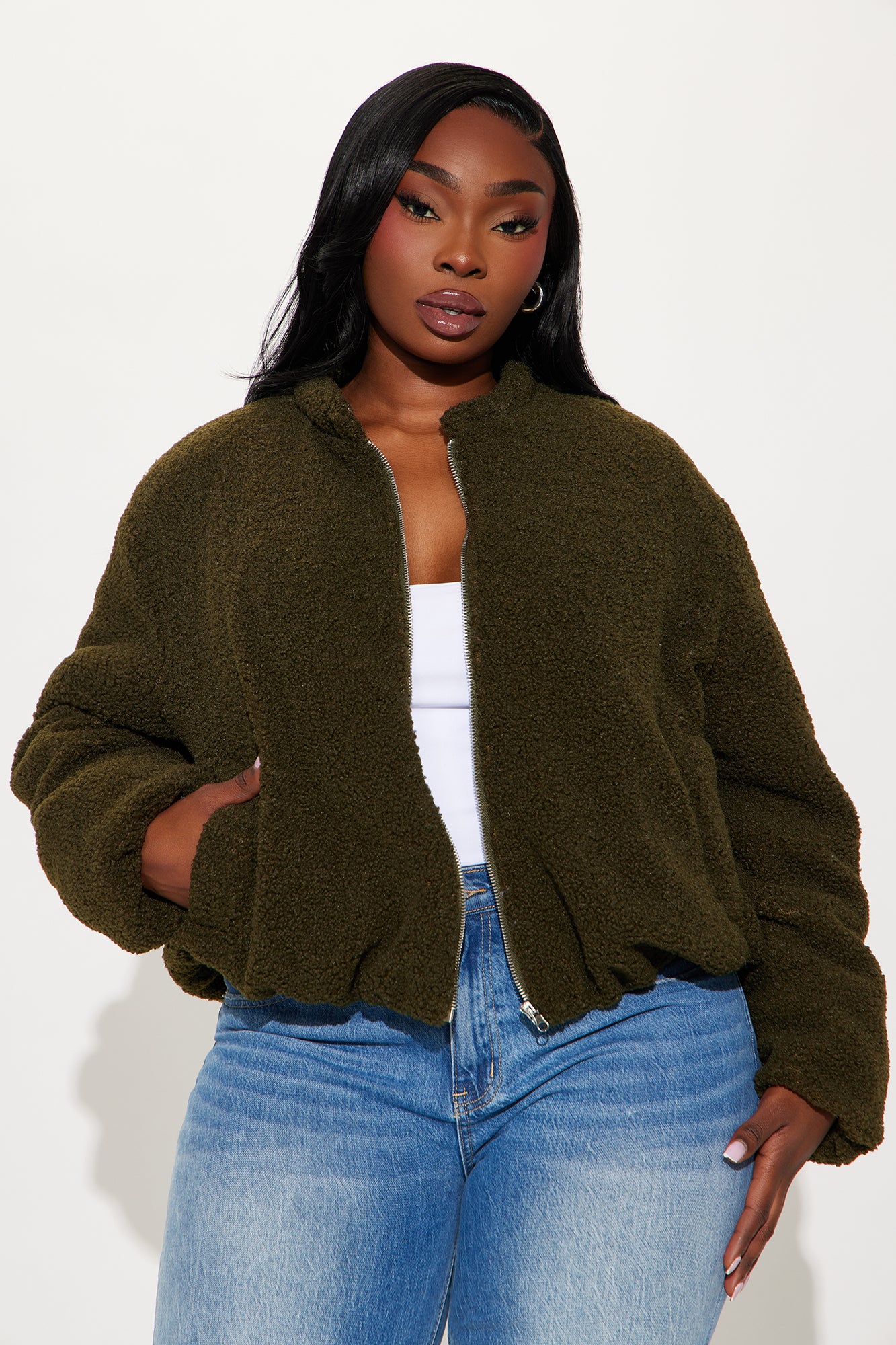 Off Duty Sherpa Bomber Jacket - Olive - Image 6