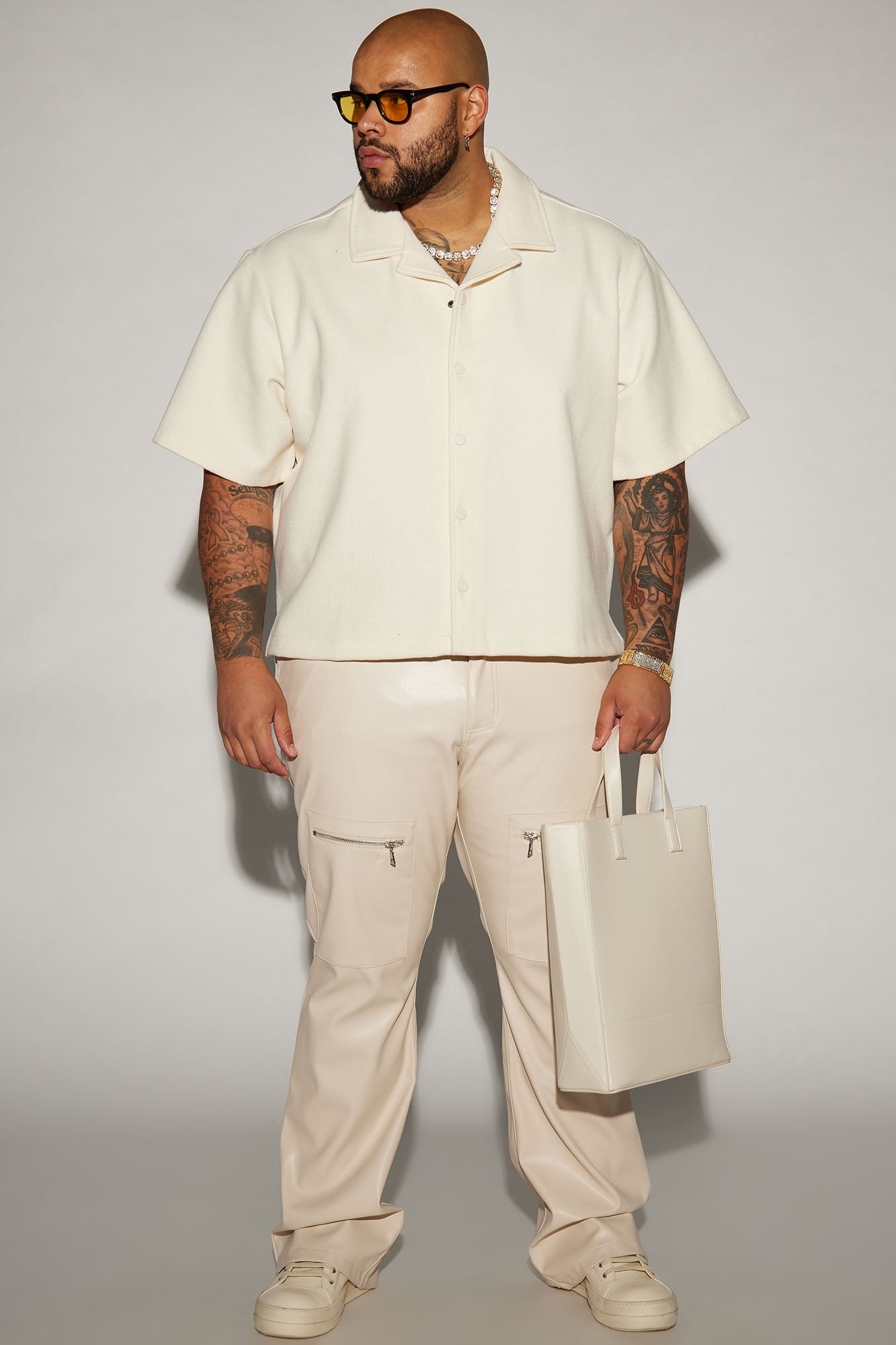 Wilder Textured Weave Cropped Button Up Shirt - Cream - Image 6