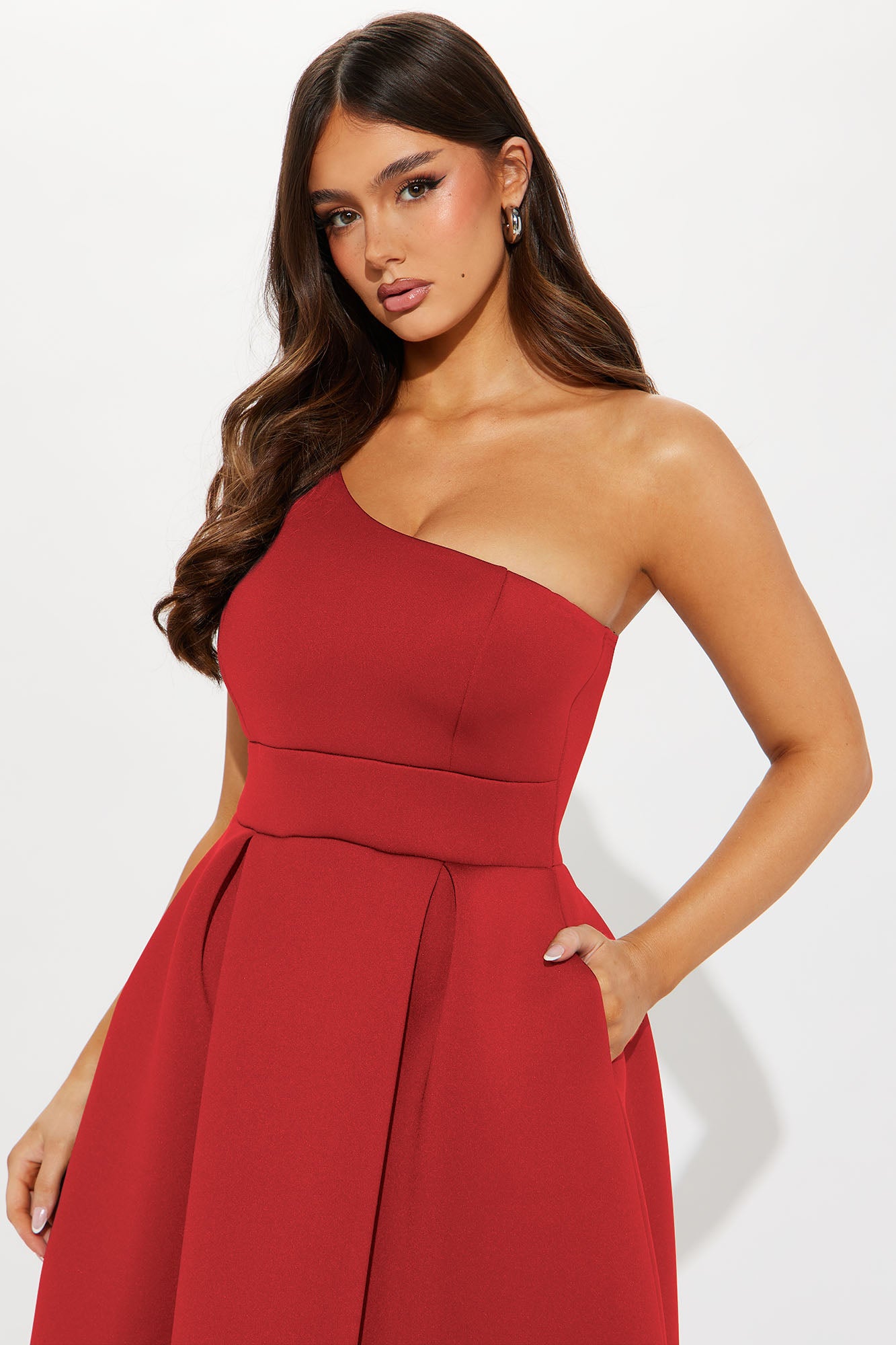 Alaina One Shoulder Midi Dress - Red - Image 4