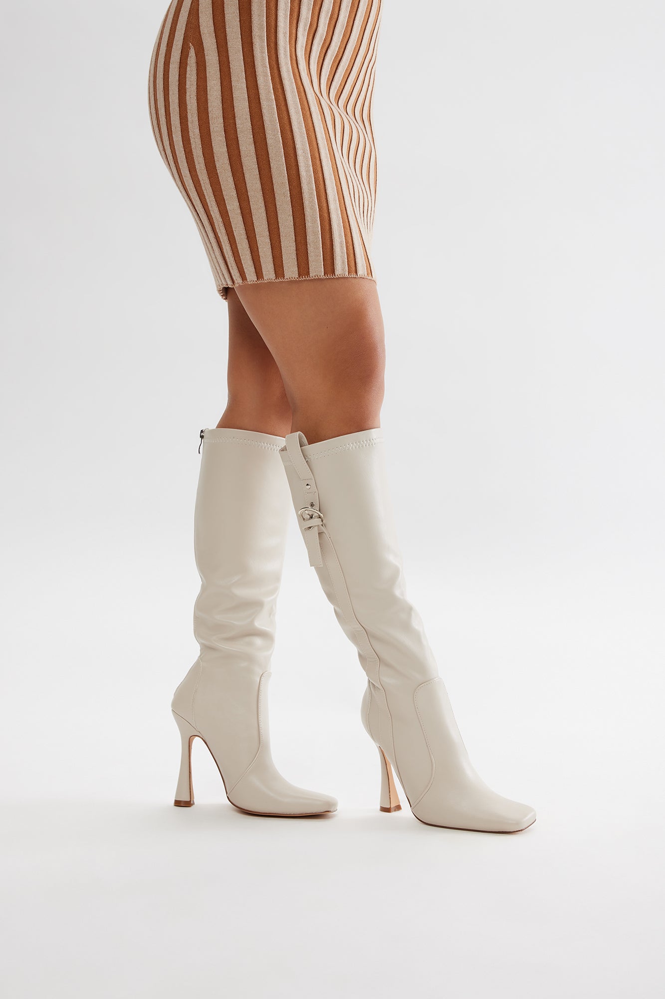 Anika Buckle Knee High Boots - Beige - Image 3