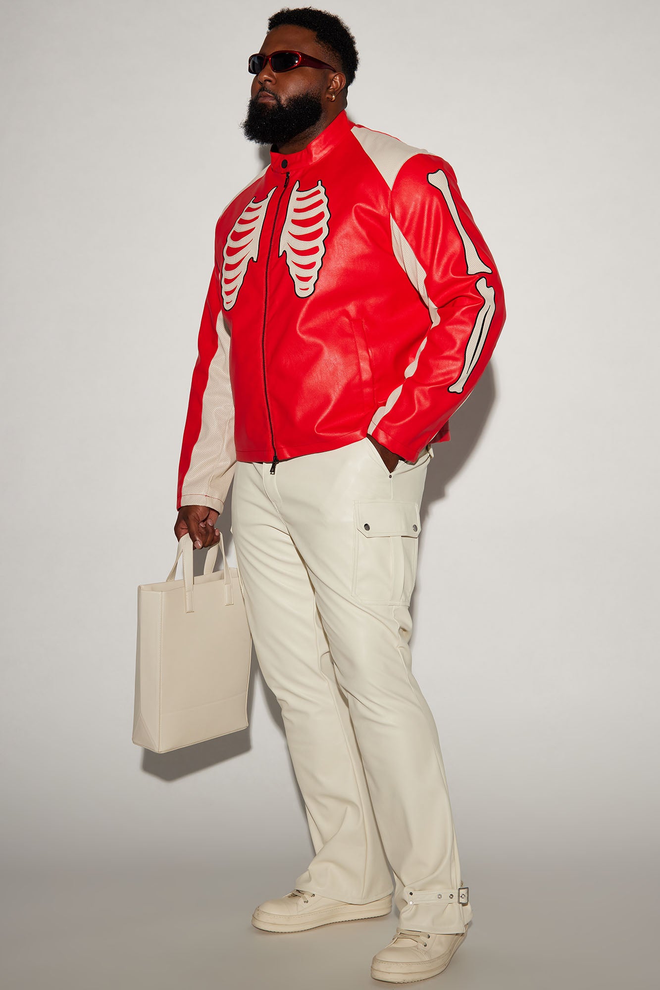 Bones Faux Leather Motocross Jacket - Red - Image 5