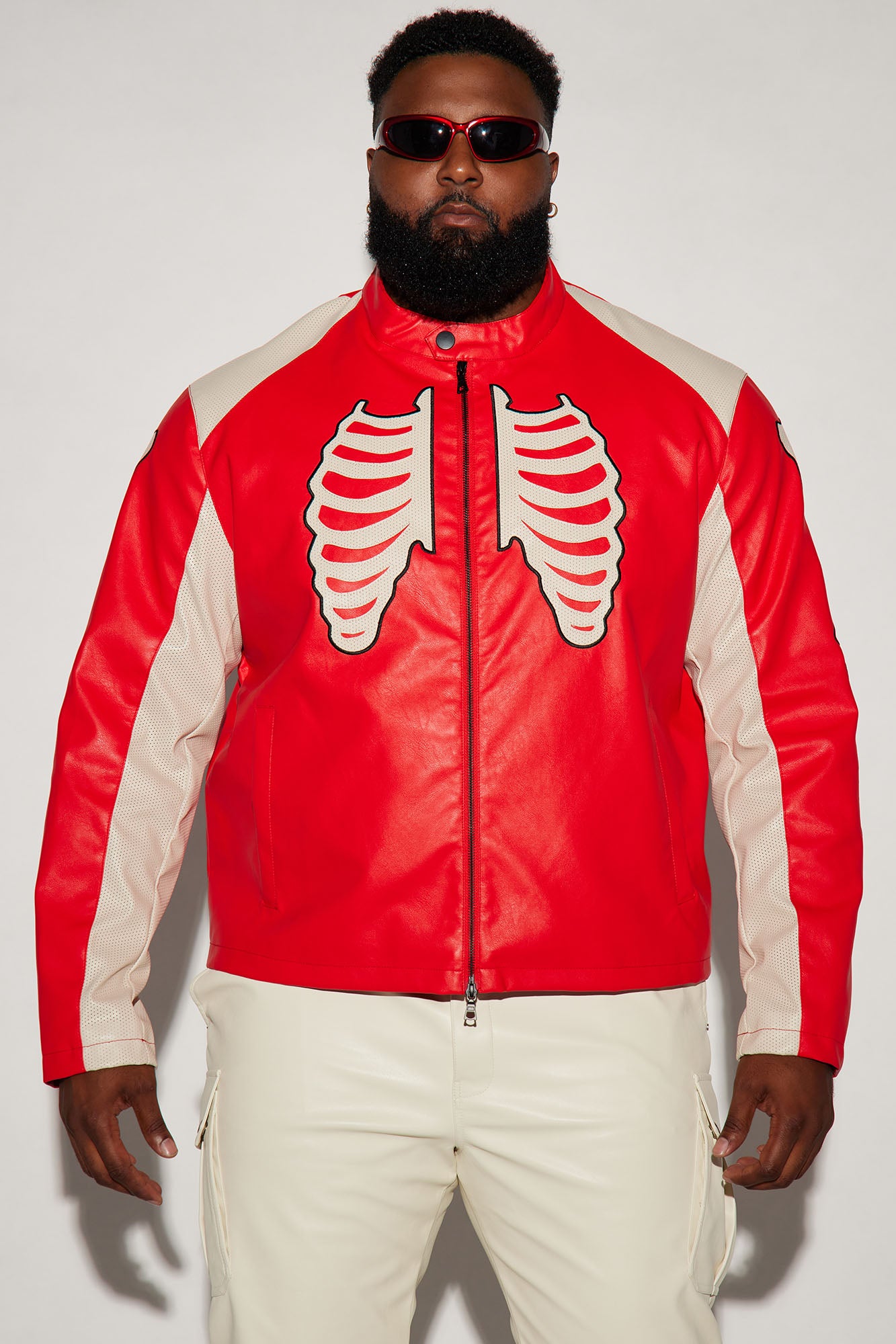 Bones Faux Leather Motocross Jacket - Red - Image 4